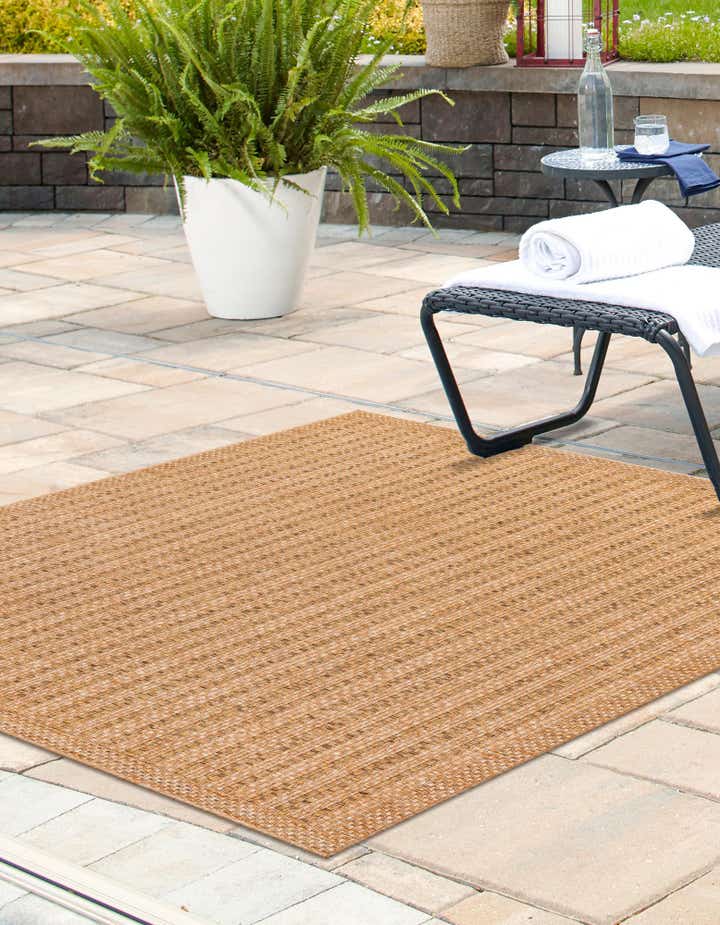 Light Brown 6' x 6' Border Indoor / Outdoor Square Rug | Rugs.com