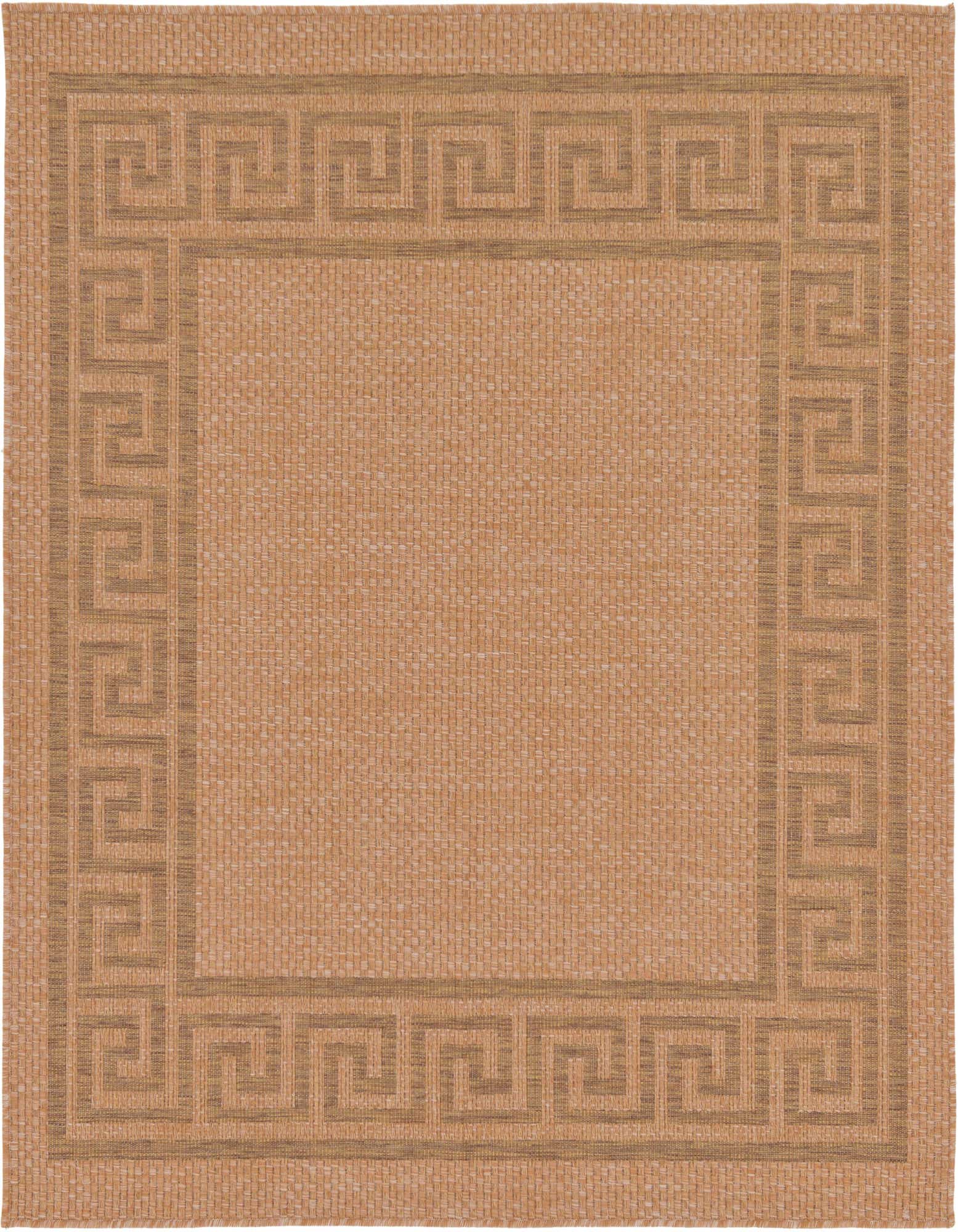 A 6'x6' square indoor/outdoor rug in shades of tan and brown, featuring a Greek key border pattern.