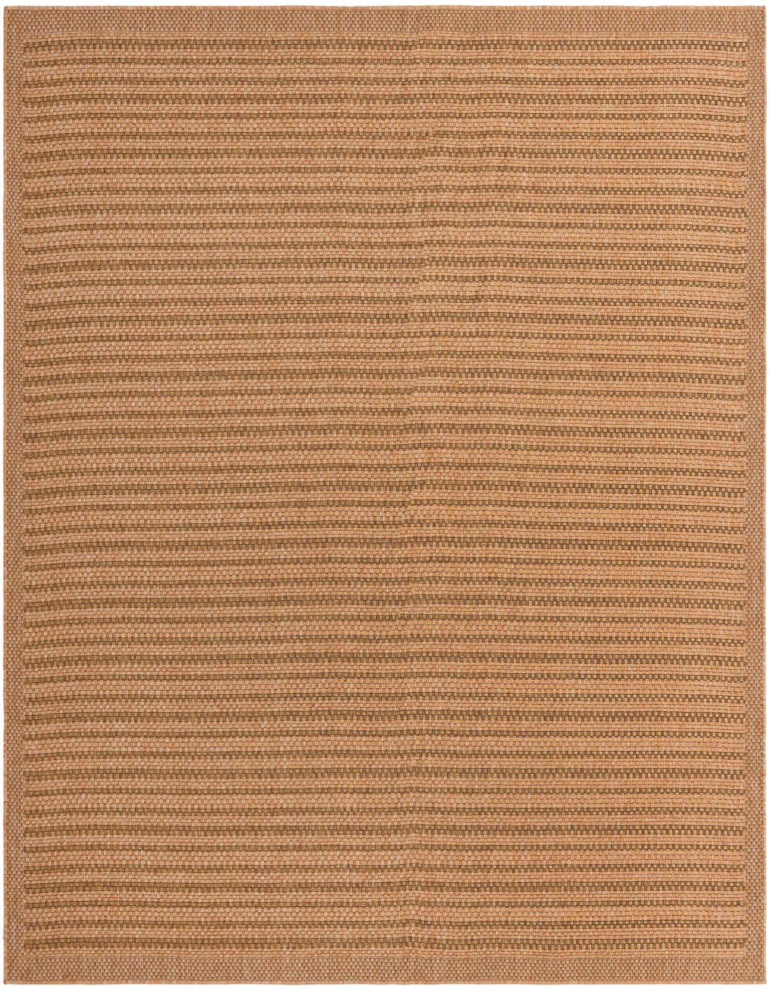 A 10'x10' square brown flatweave rug with a subtle textured stripe pattern and a border, suitable for indoor or outdoor use.