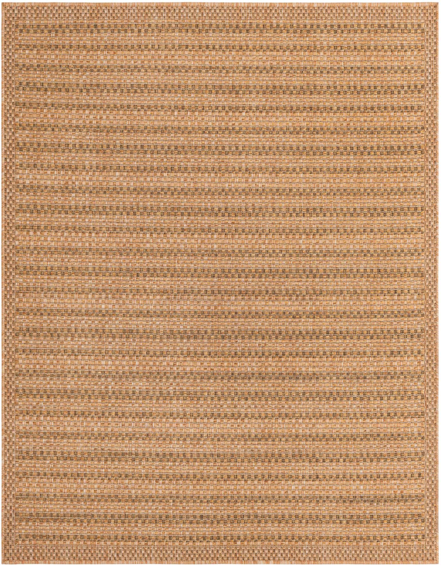 A 5' 3 x 5' 3 square brown and tan flatweave rug with a subtle striped texture, suitable for indoor or outdoor use.