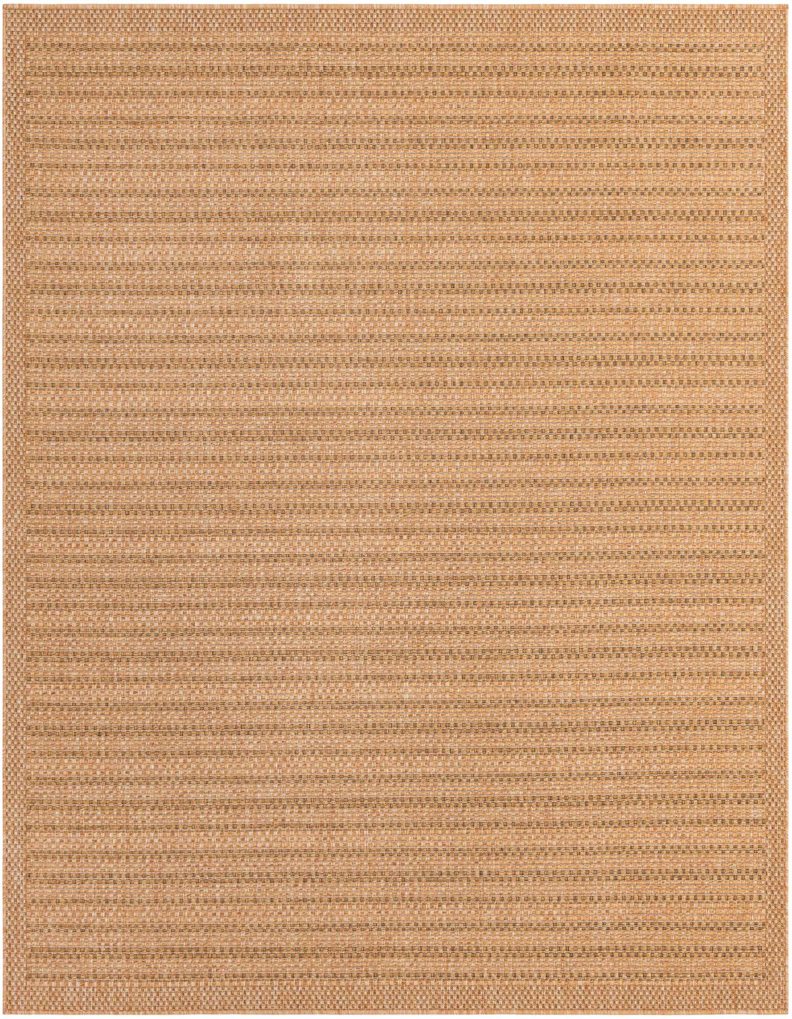 A 7' 10 x 7' 10 square brown and tan flatweave rug with a subtle striped texture and a solid border, suitable for indoor or outdoor use.