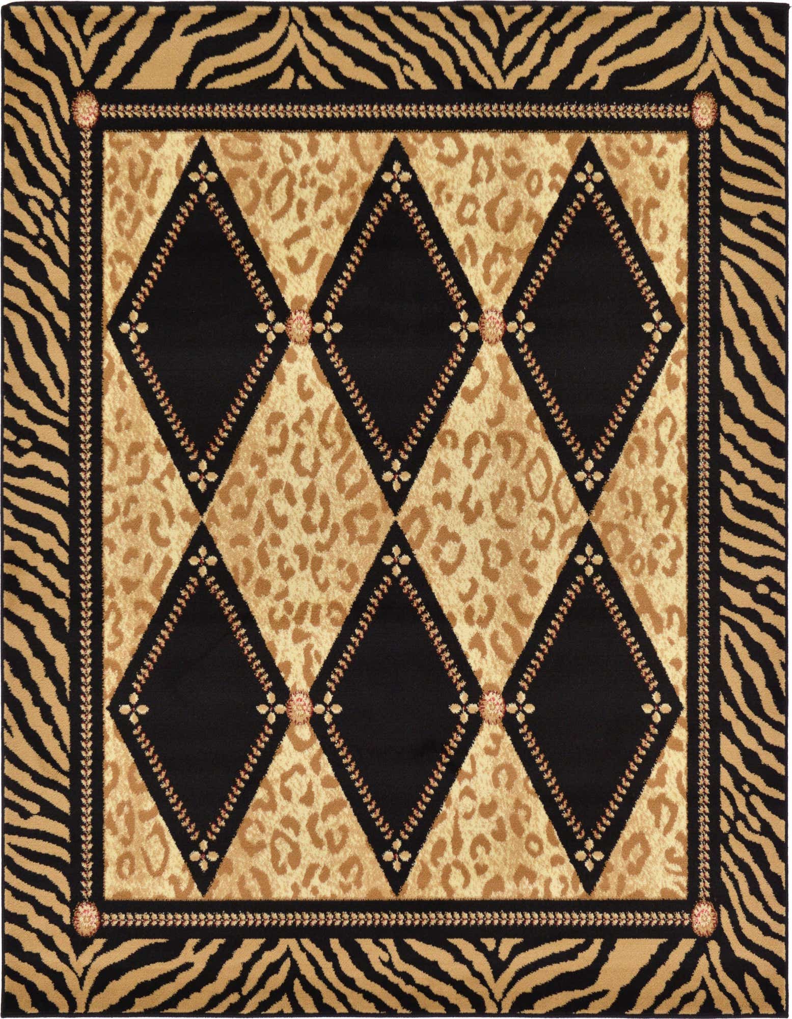 A square 6' x 6' Savannah rug featuring a bold zebra print border in black and tan, surrounding a leopard print field with large black diamonds.