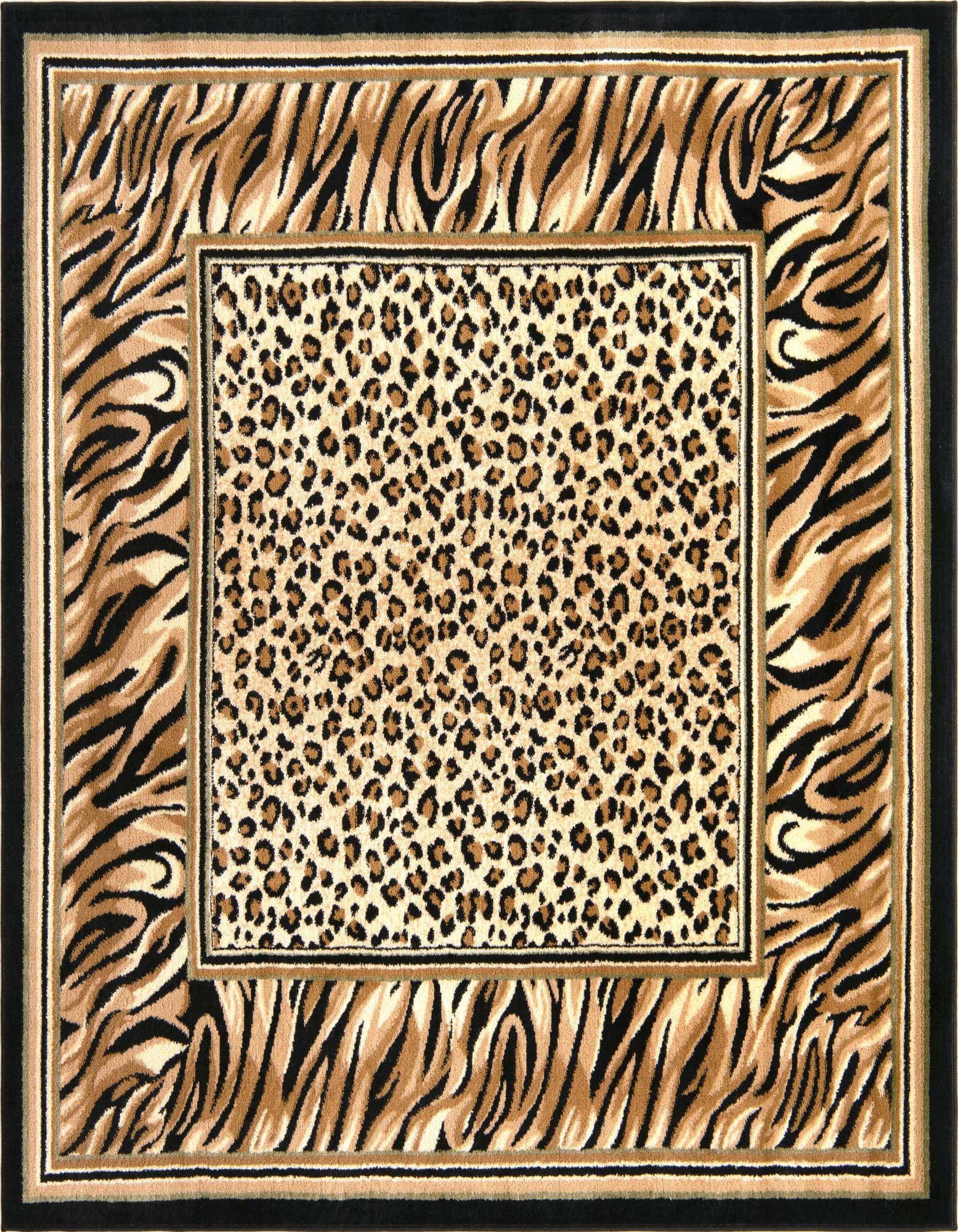 A square Rugs.com Savannah rug featuring a leopard print center bordered by a zebra stripe pattern in browns, tans, and black.