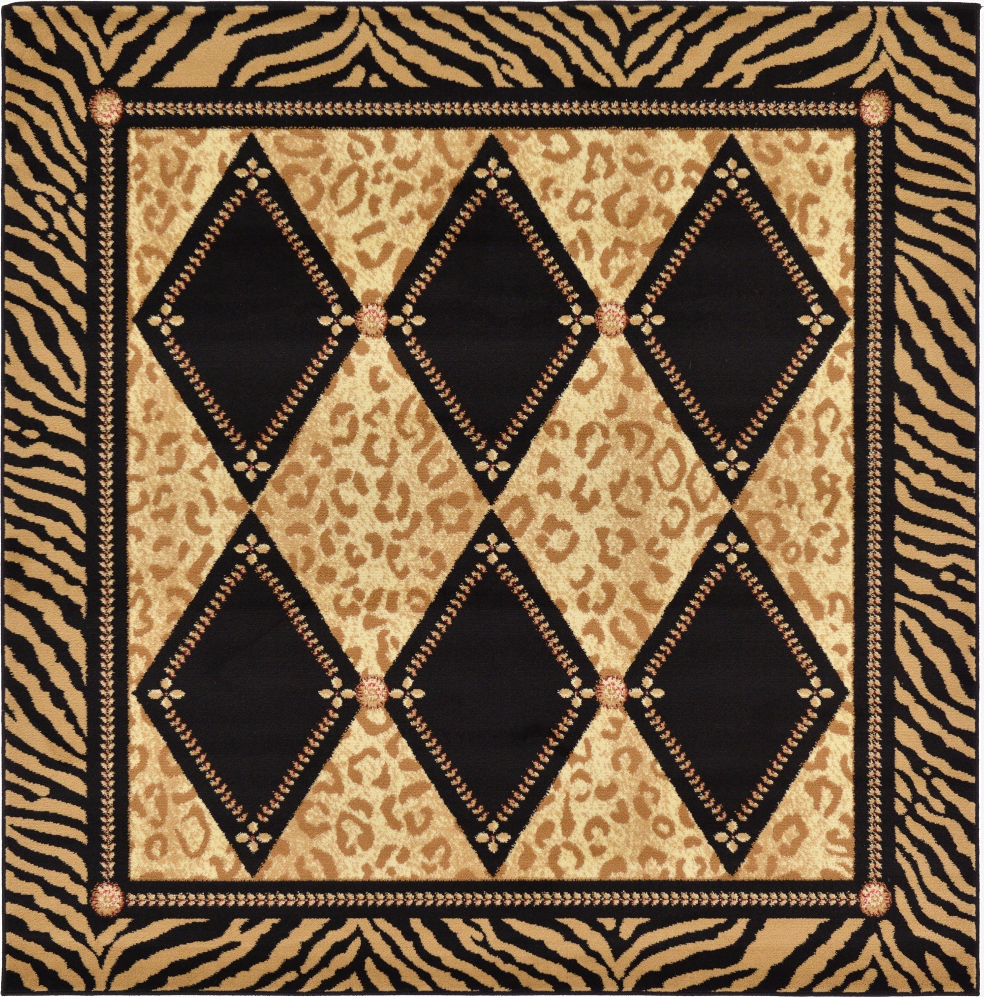 A square 6' x 6' Savannah rug featuring a bold zebra print border in black and tan, surrounding a leopard print field with large black diamonds.
