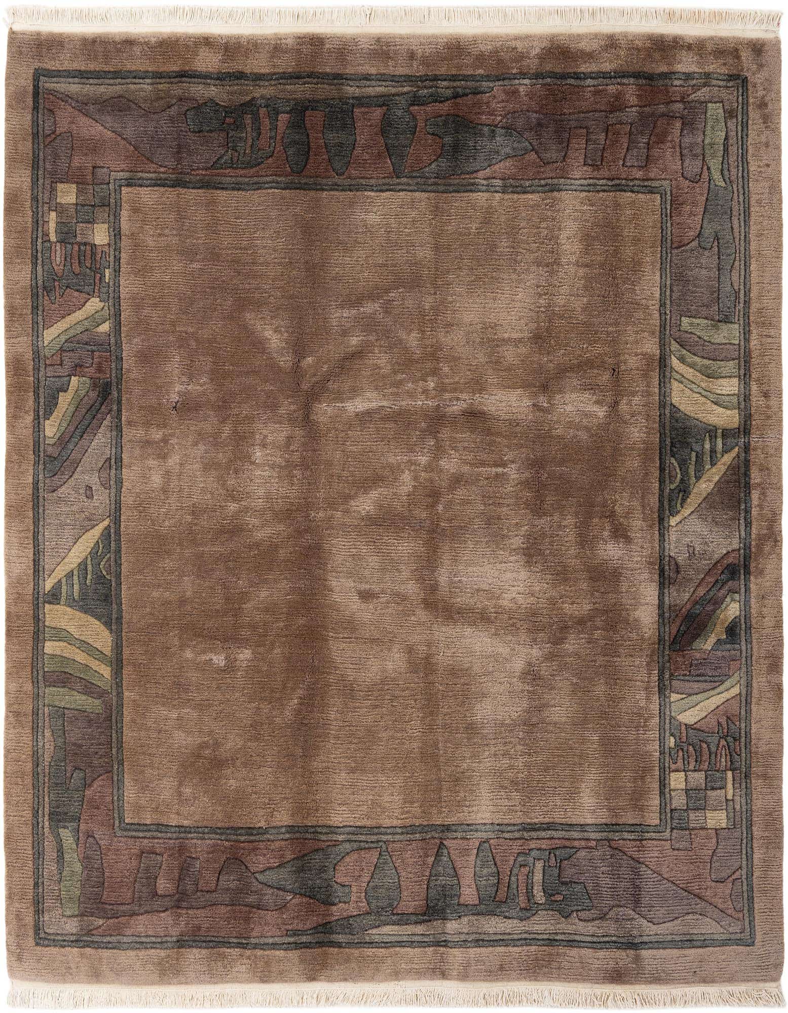 A 6' 5 x 6' 5 square brown wool rug with a modern oriental border featuring abstract shapes in muted earth tones.