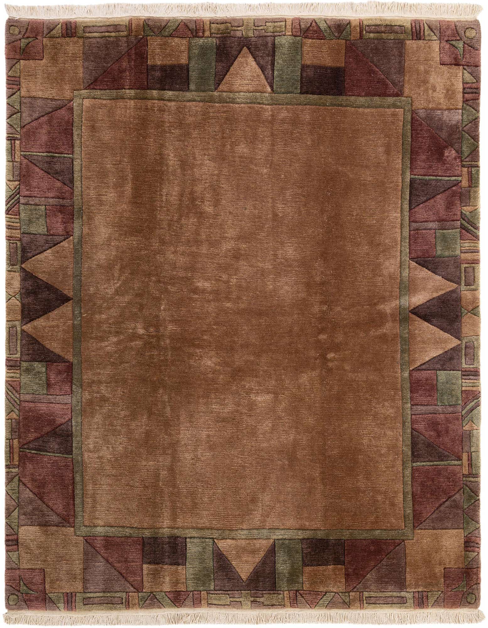 A square brown wool rug with a modern geometric border in shades of brown, tan, green, and burgundy.
