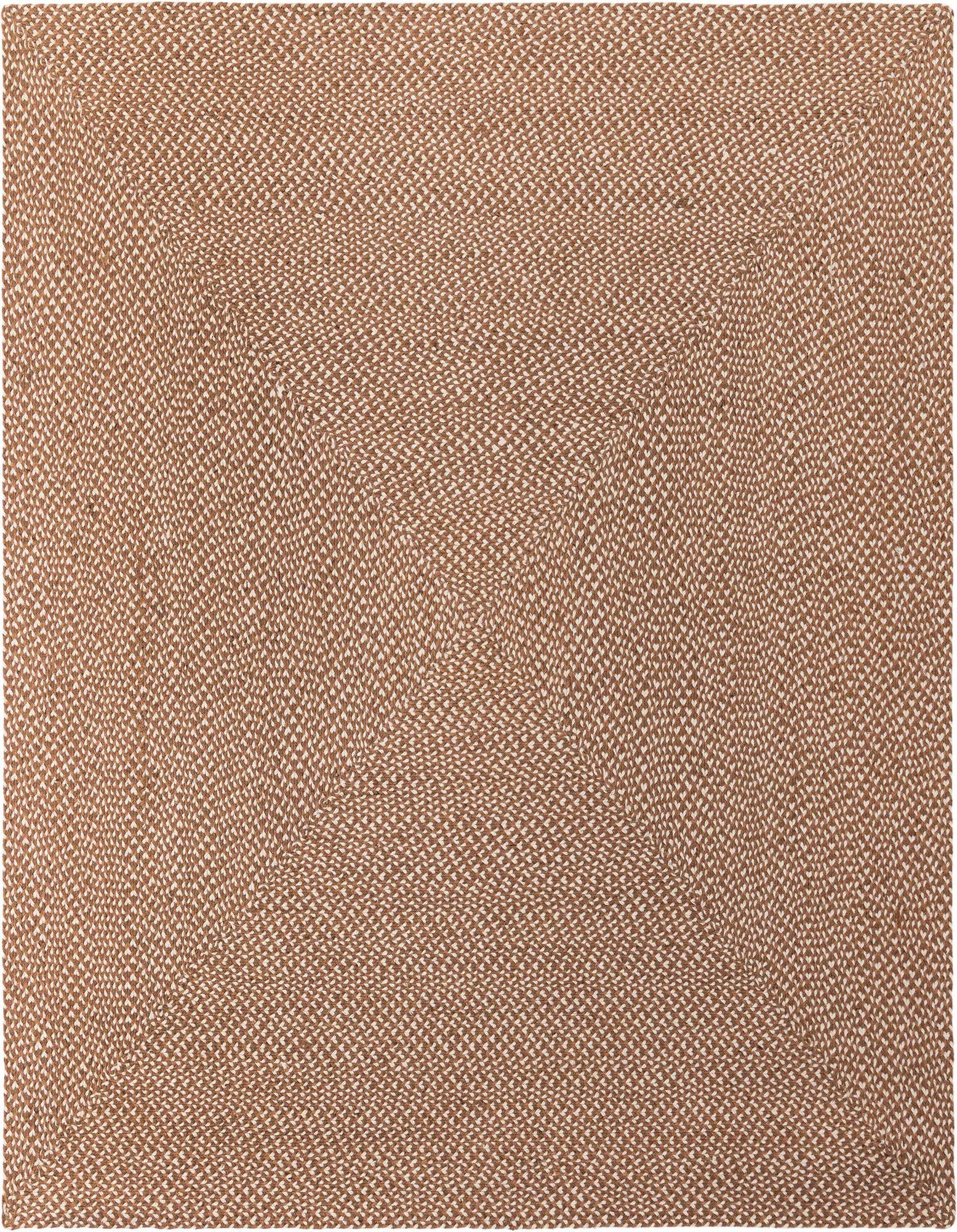 A close-up view of a square Rugs.com Tweed Braided Jute rug, featuring a textured brown and tan modern pattern.