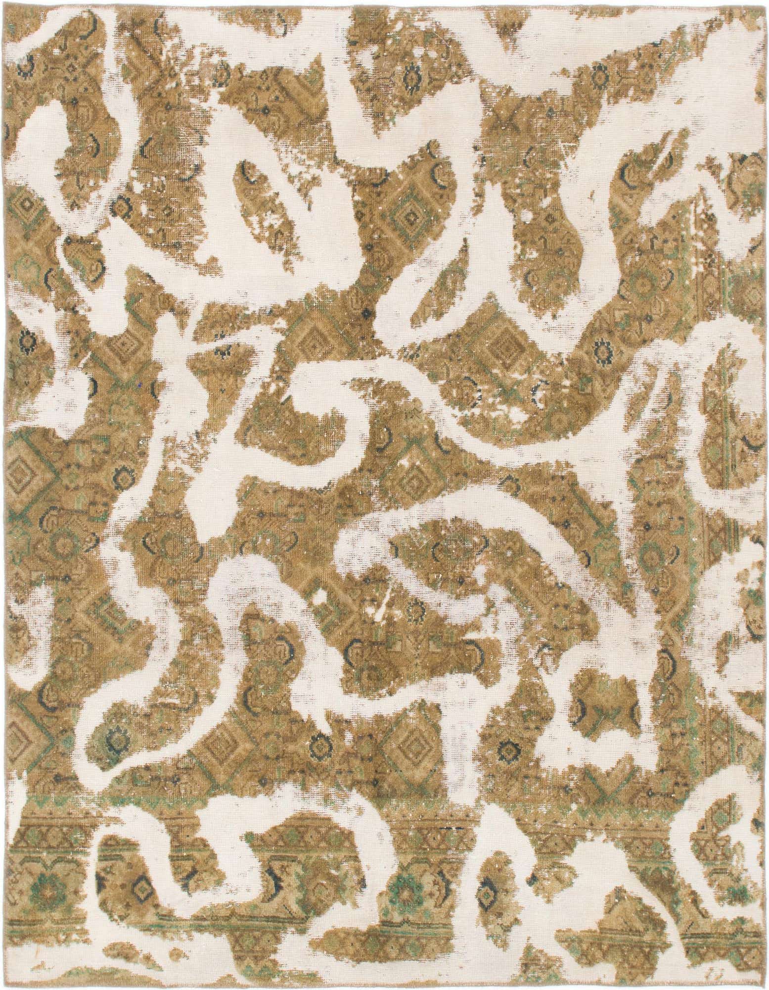 A square 6' 10 x 7' 7 Rugs.com Ultra Vintage wool rug featuring an abstract white pattern over a distressed brown and tan Persian design.