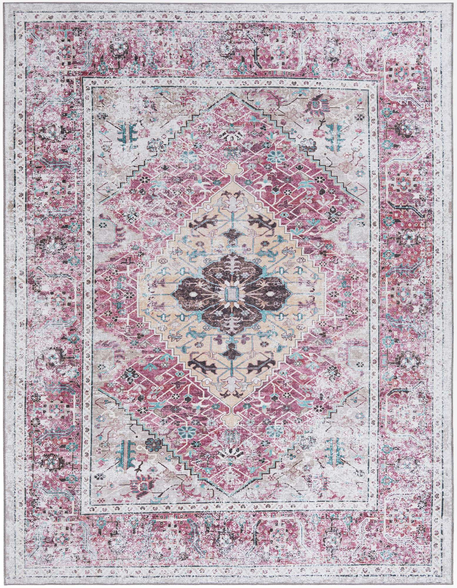 An 8x10 rectangular Rugs.com Yara rug featuring a distressed tribal medallion pattern in oranges, pinks, and hints of blue on a light background.