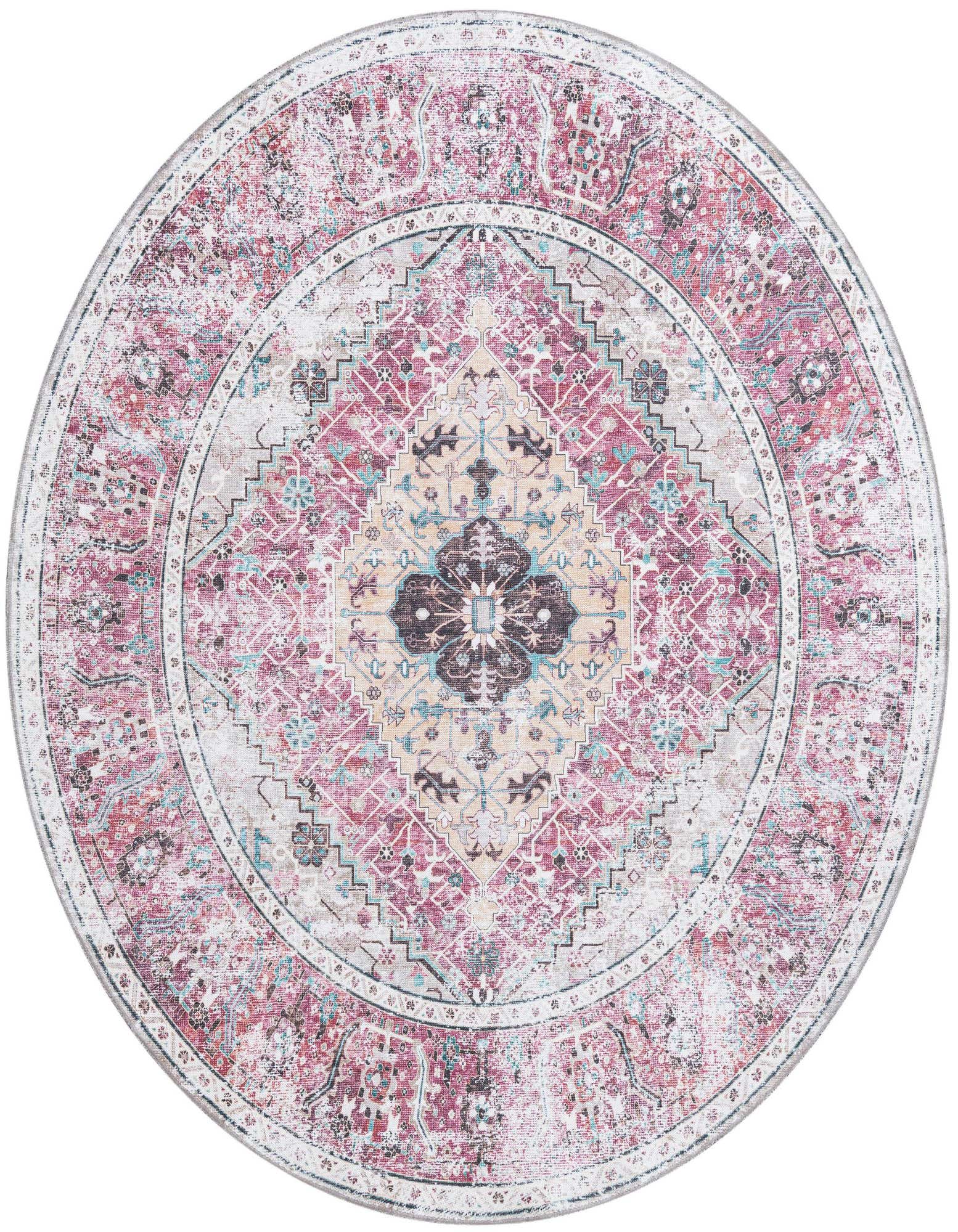 A round 7' 10 x 7' 10 Rugs.com Yara rug featuring a distressed tribal medallion pattern in oranges, pinks, and creams.