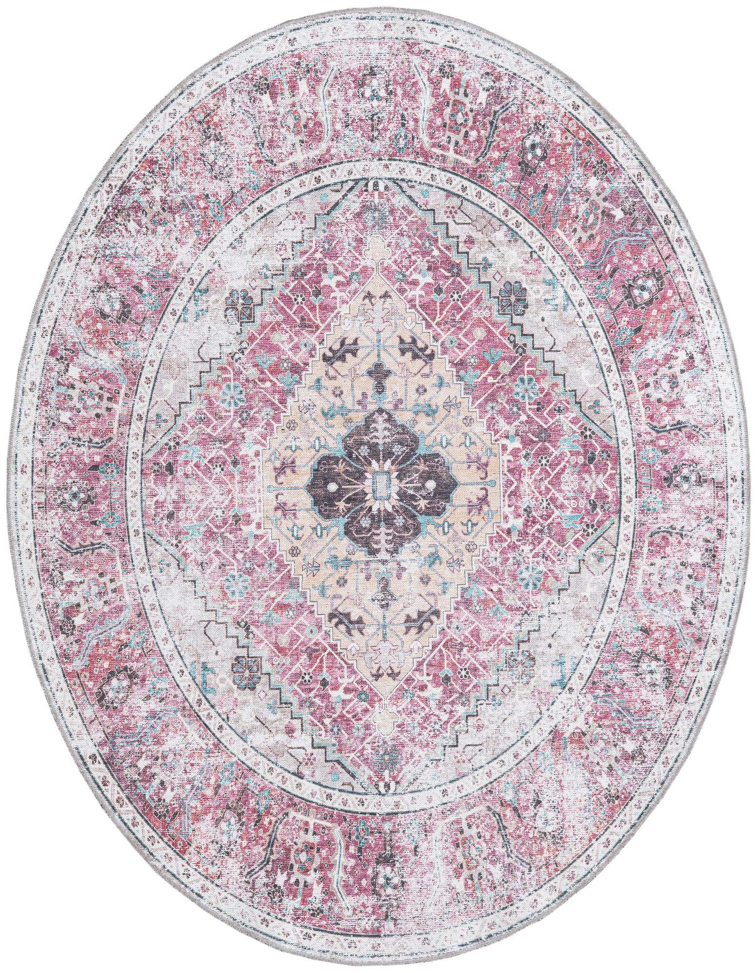 A 6' round Tribal Bohemian rug from the Rugs.com Yara collection, featuring a central medallion in oranges, pinks, and creams.