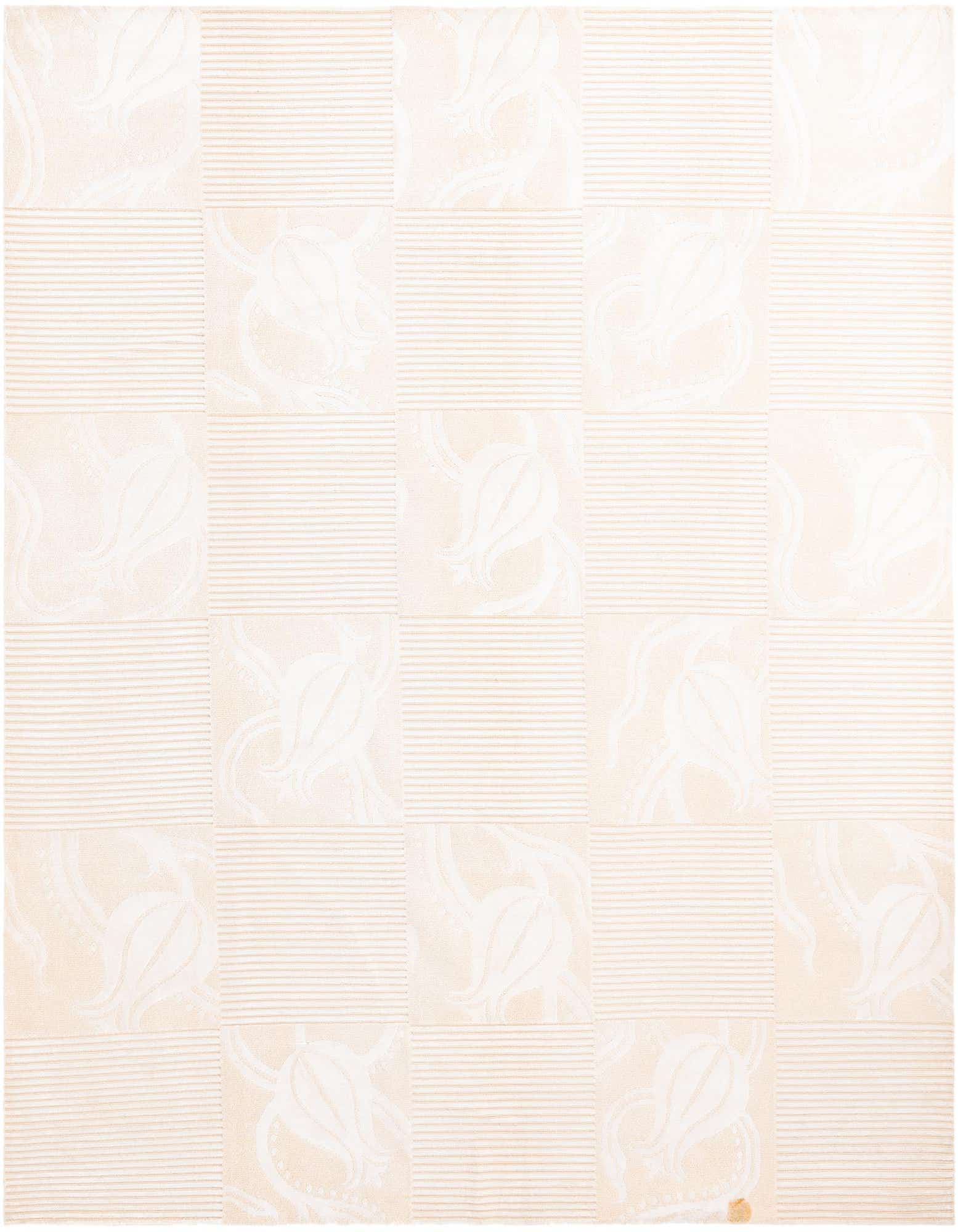 A light cream 8x10 rectangular wool rug featuring alternating squares of subtle floral motifs and horizontal stripes.