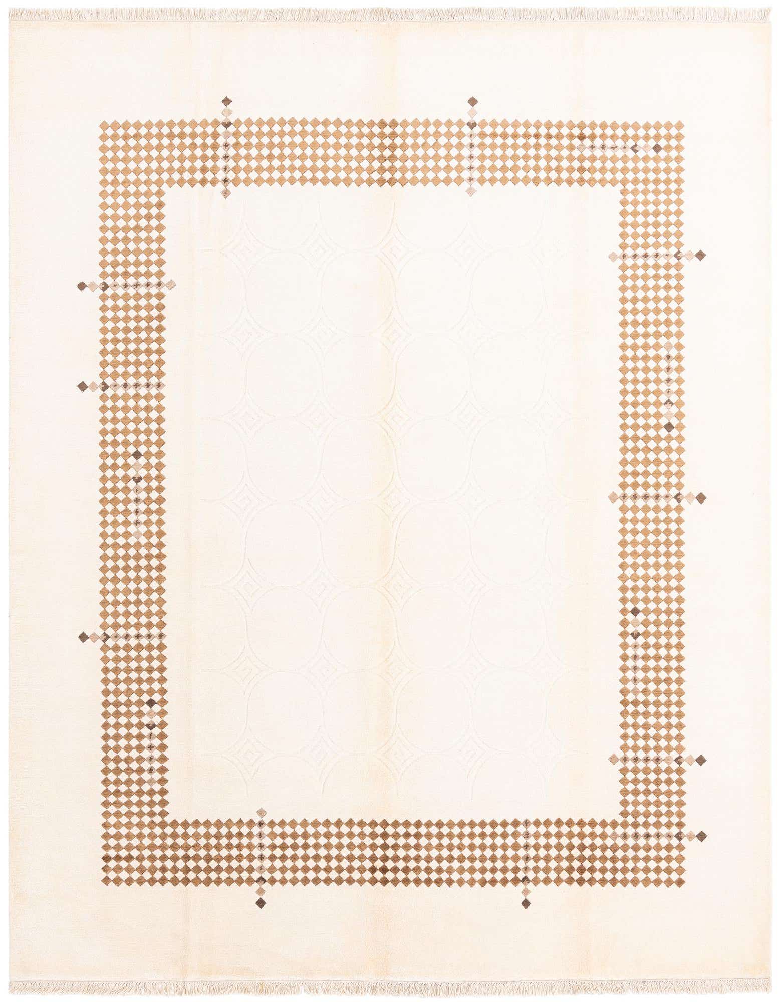 An 8x10 light cream rectangular wool rug with a modern oriental style, featuring a brown diamond pattern border and subtle geometric motifs in the center.