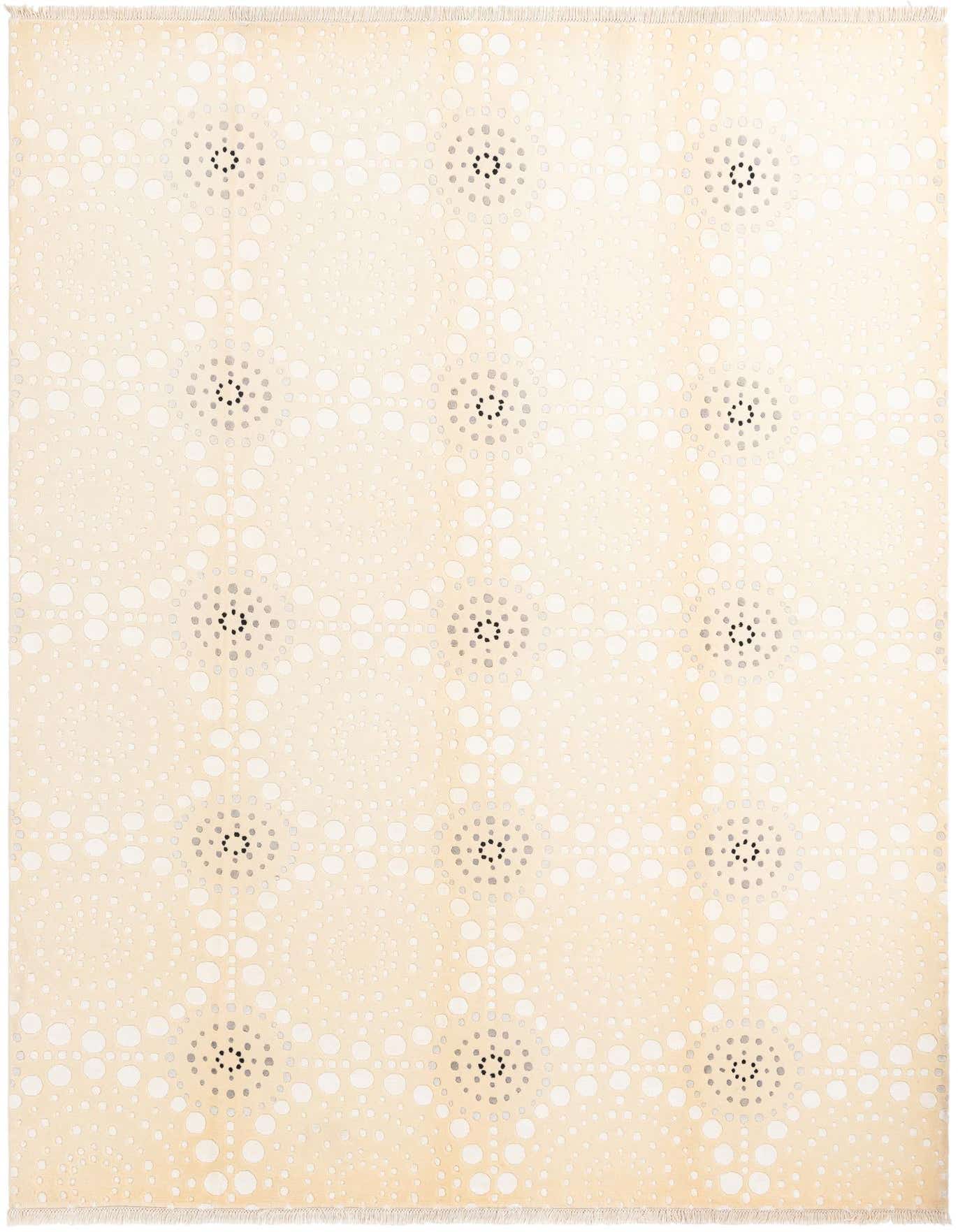 A light cream 8x11 rectangular wool rug with a modern oriental pattern of white and gray concentric circles.