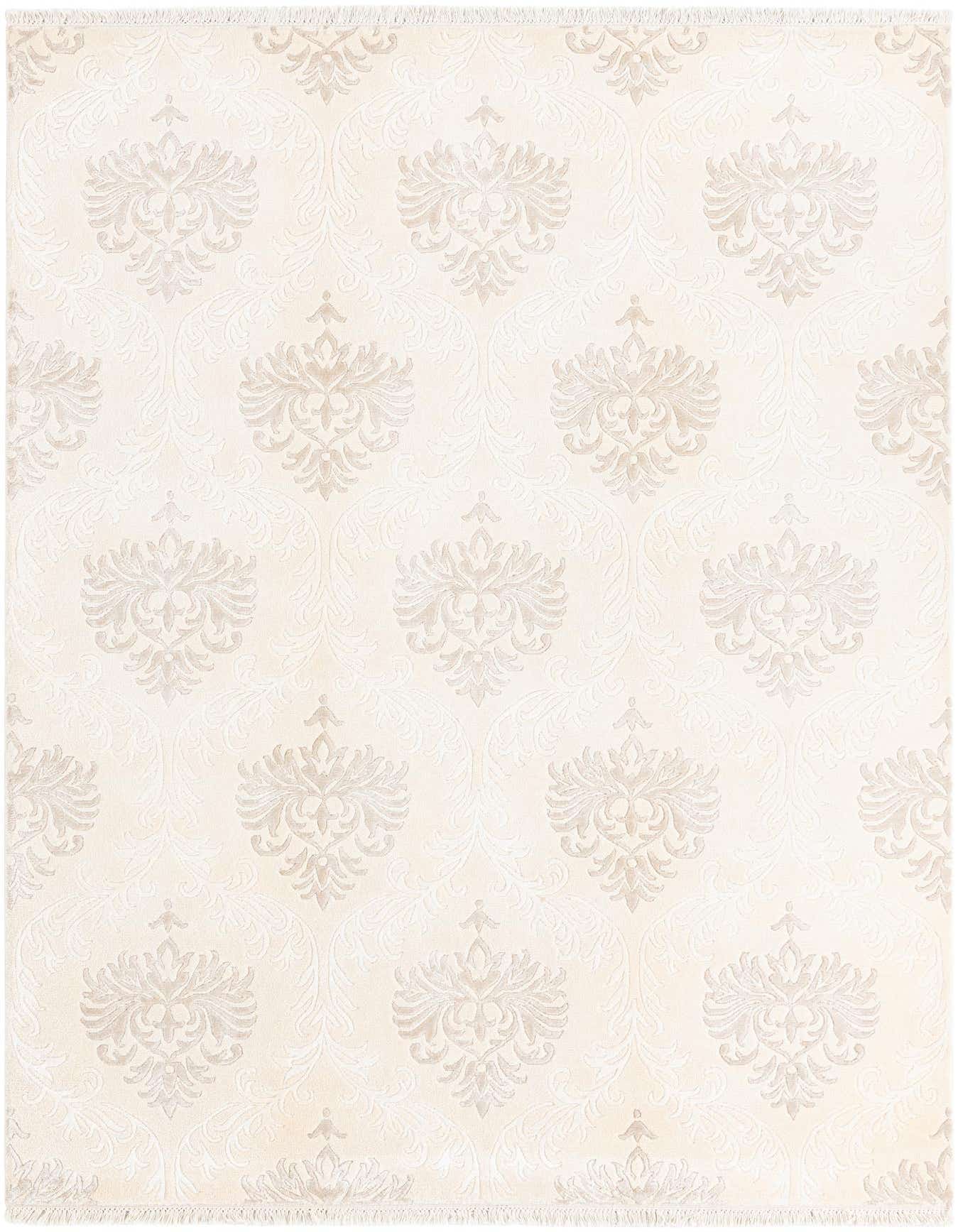 A 5x8 rectangular Light Cream wool rug with a subtle, raised Modern Oriental pattern and fringed ends.