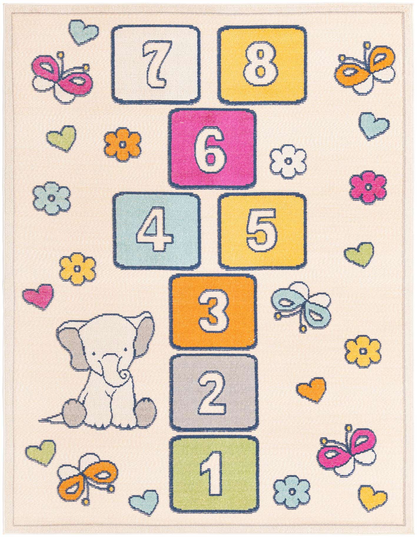 A 5x8 rectangular light cream flatweave rug featuring a colorful hopscotch design with numbers 1-8, an elephant, butterflies, and hearts, suitable for indoor or outdoor play.