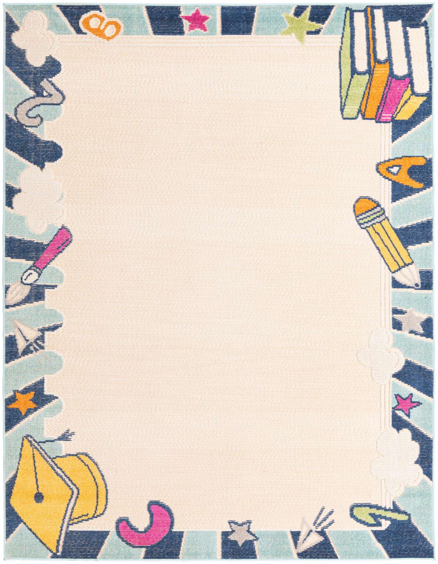 A 5x8 rectangular light cream rug with a playful, colorful border featuring school-themed items like books, pencils, and stars, suitable for a kid's room or classroom.