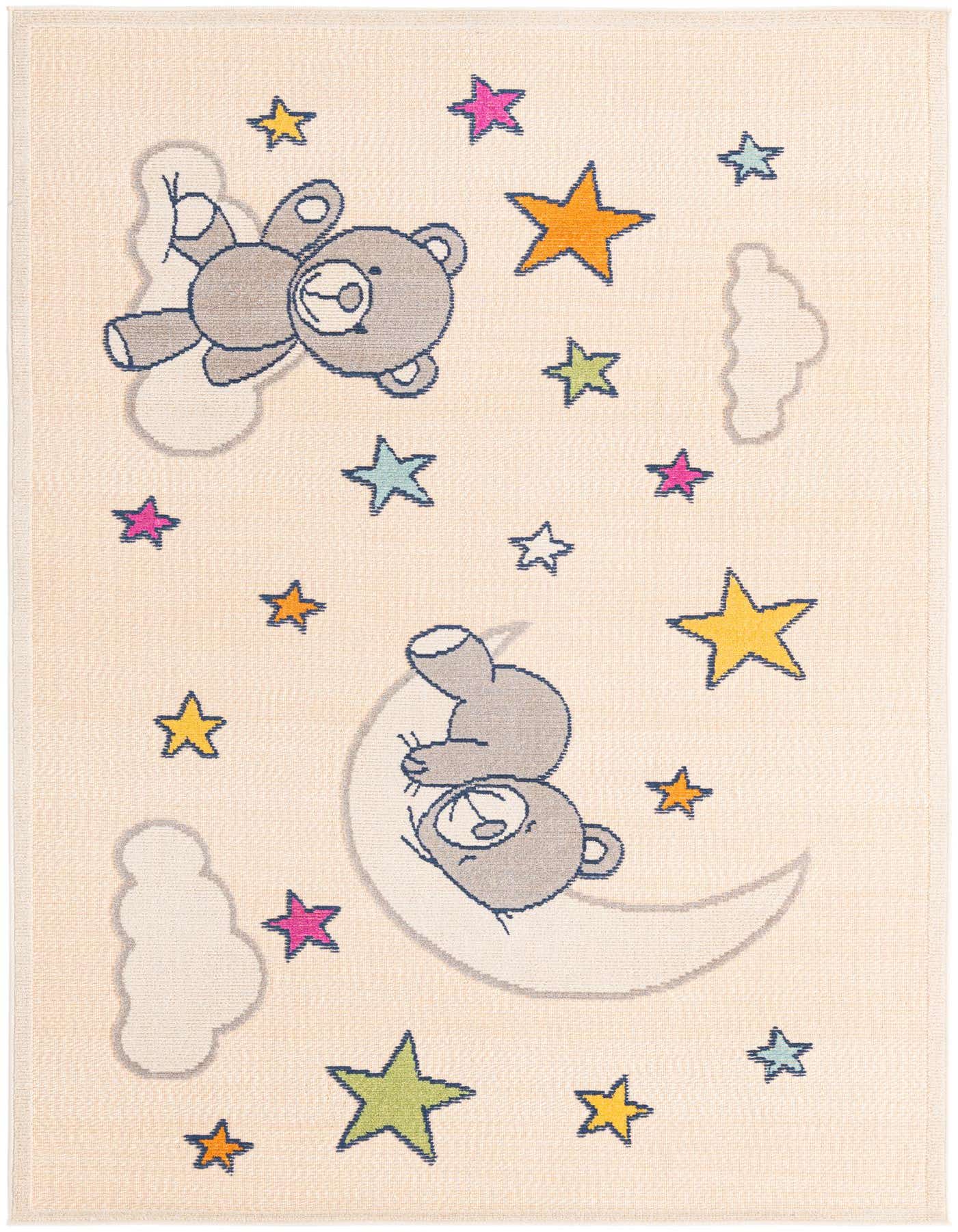 A 5x8 light cream rectangular rug with a modern pattern of two grey teddy bears, one floating and one sleeping on a crescent moon, surrounded by colorful stars and clouds.