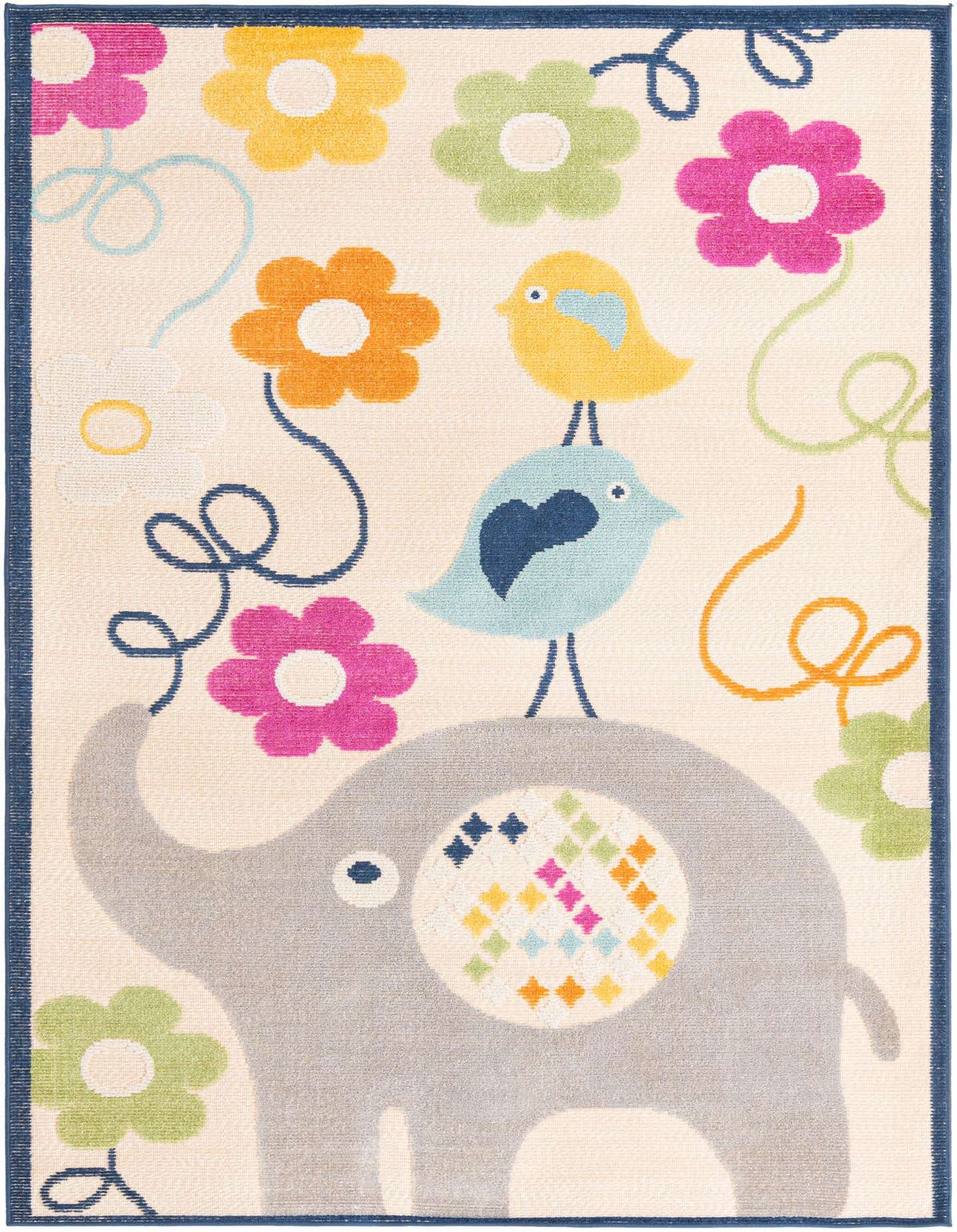 A 5x8 light cream rectangular rug with a playful modern design featuring a gray elephant, two colorful birds, and vibrant flowers.