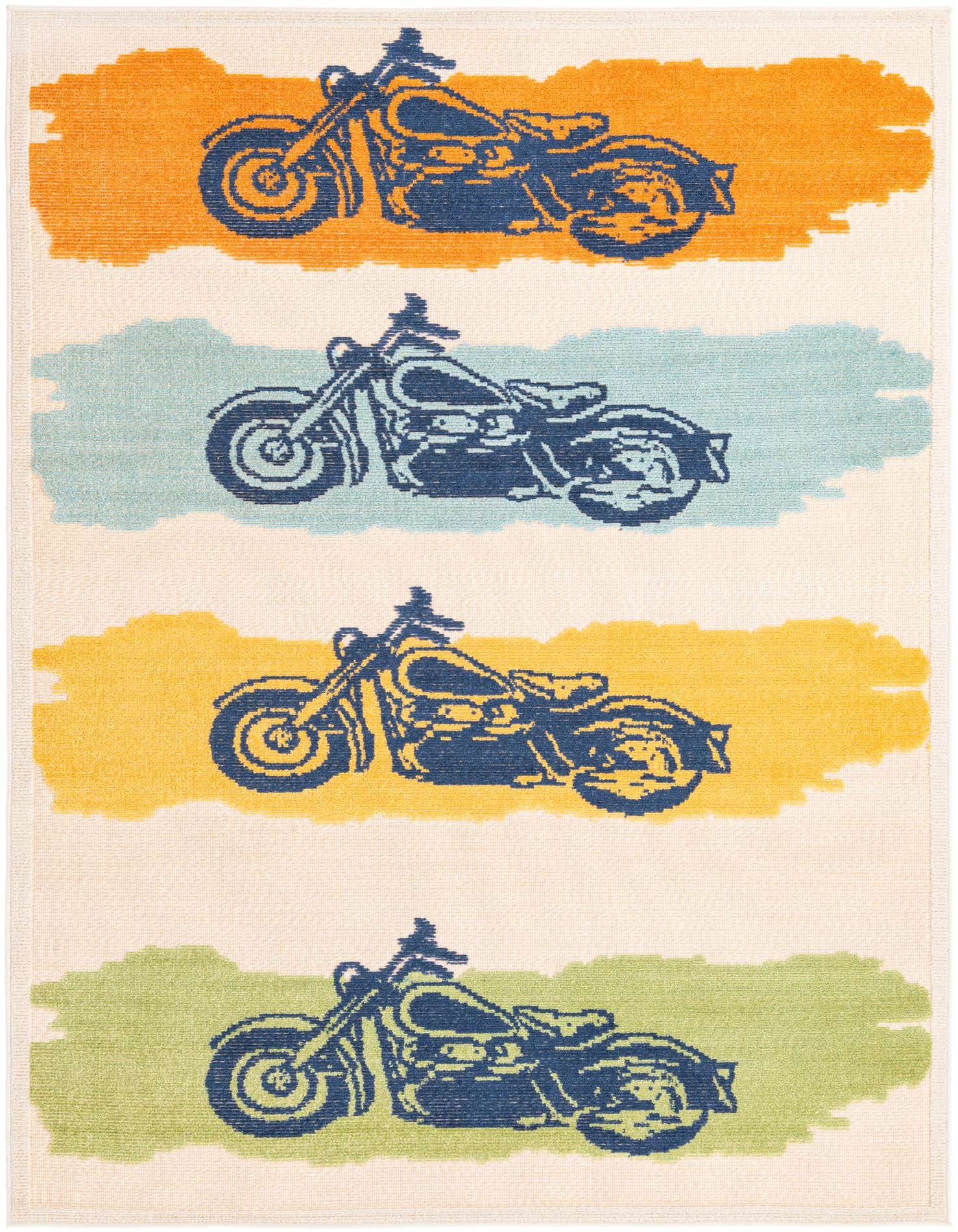 A 5x8 rectangular light cream rug with a modern motorcycle pattern in orange, blue, yellow, and green.