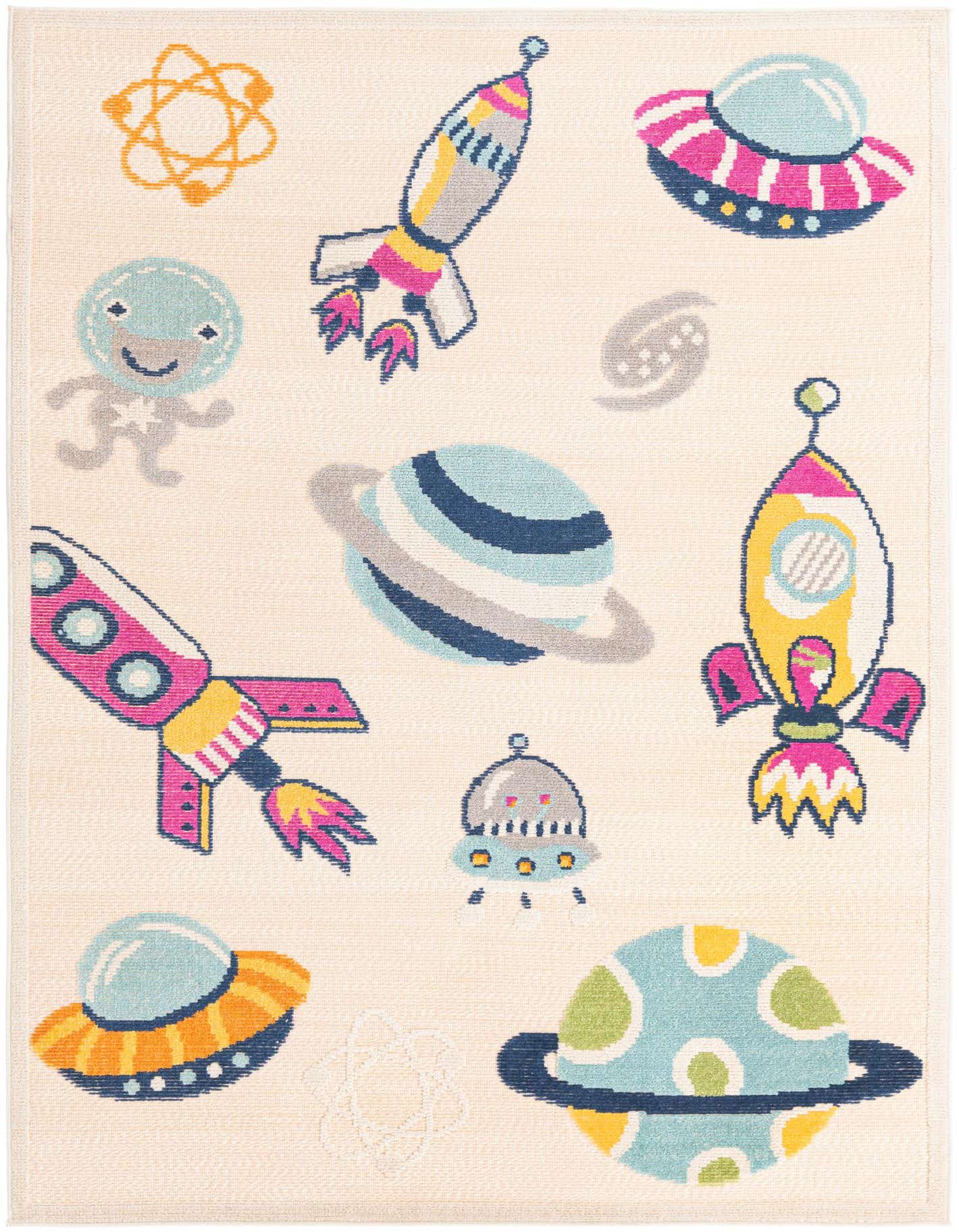 A 5x8 rectangular light cream rug featuring a playful modern space theme with colorful rockets, planets, and UFOs.