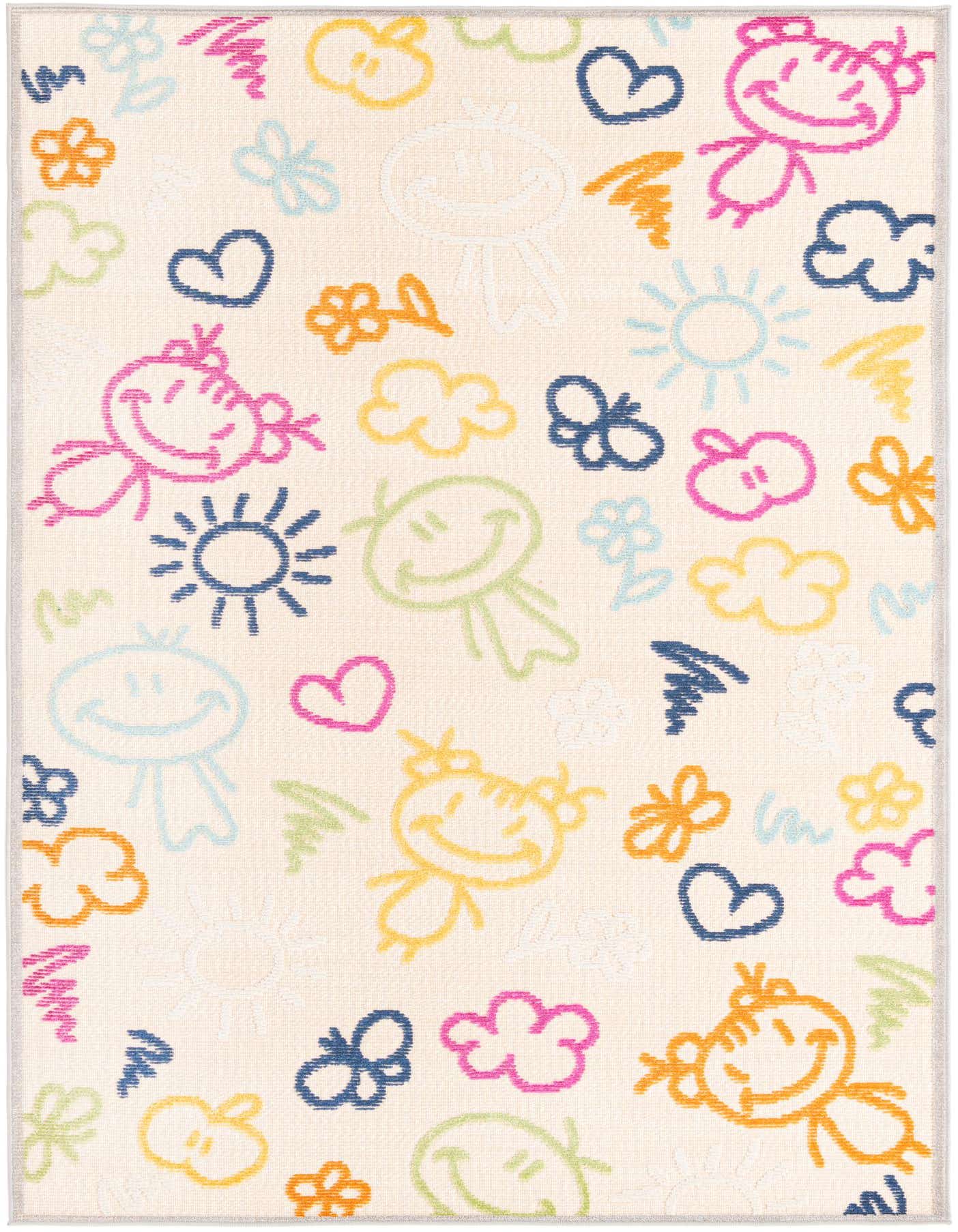 A 5x8 rectangular light cream rug featuring a playful, colorful modern pattern of smiling stick figures, suns, clouds, and hearts, ideal for a kid's room or patio.