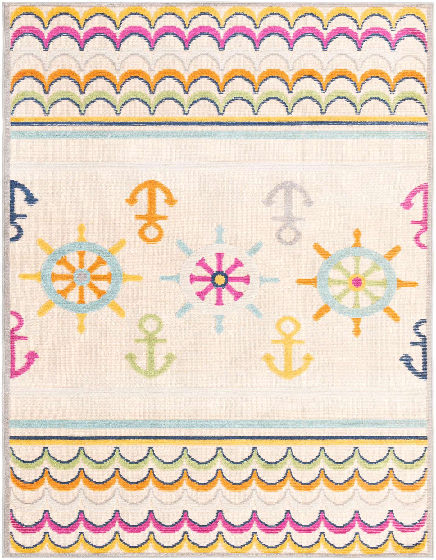 A 5x8 rectangular light cream rug with a modern nautical pattern featuring colorful anchors, ship wheels, and wavy stripes.