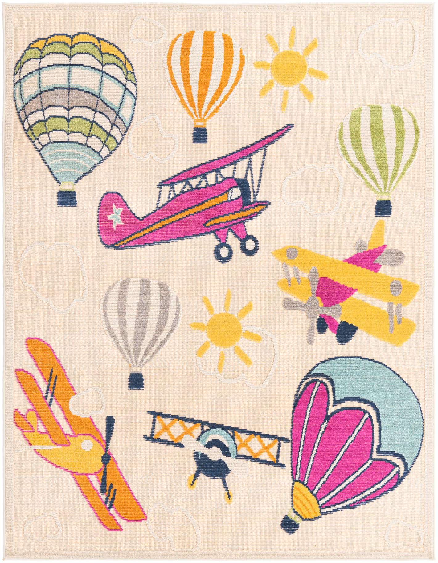 A 5x8 rectangular light cream rug featuring a playful modern pattern of colorful hot air balloons, airplanes, and suns, perfect for a child's room or indoor/outdoor space.