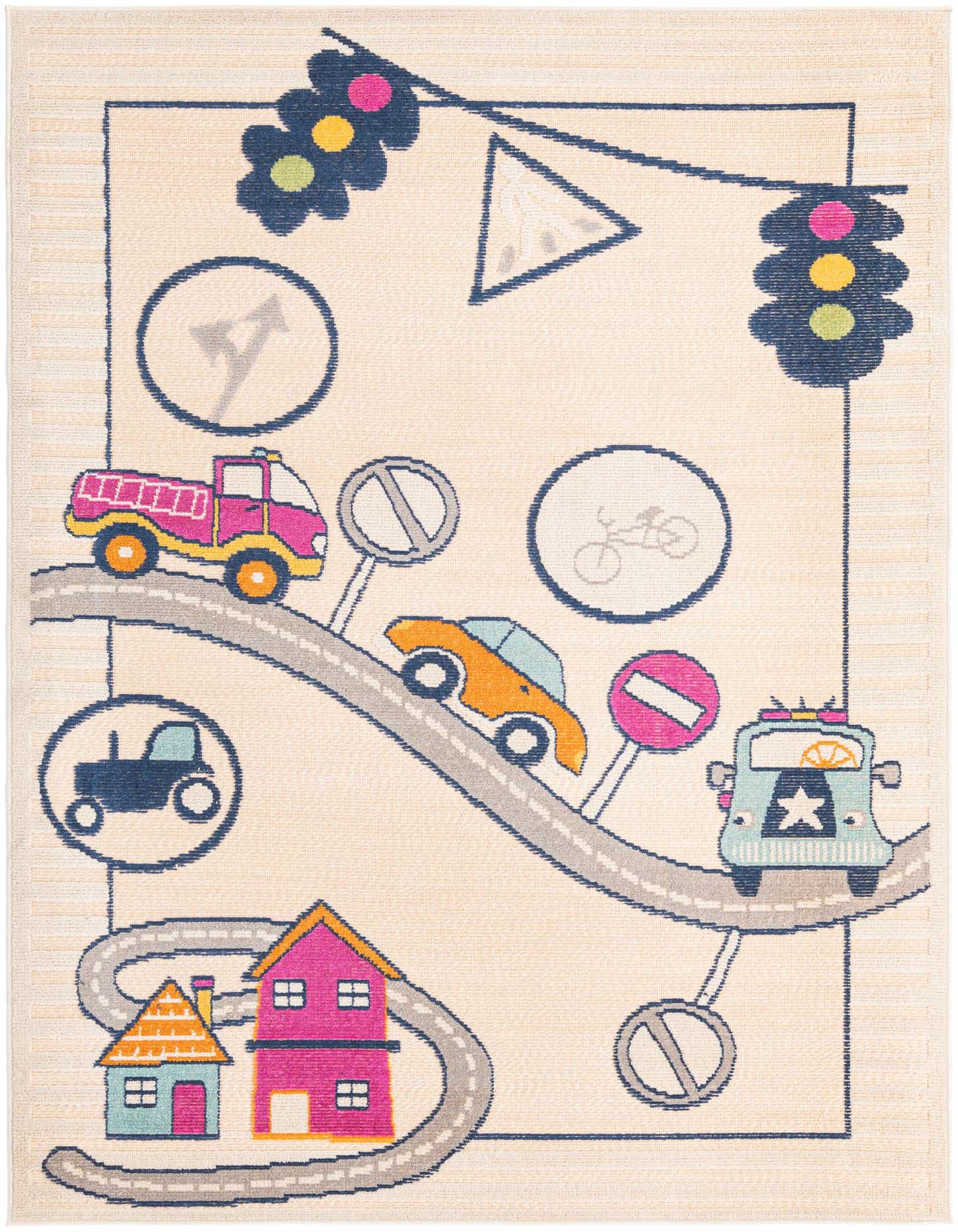 A 5x8 rectangular light cream rug with a colorful modern pattern featuring roads, houses, cars, and traffic signs, perfect for a kids' play area.