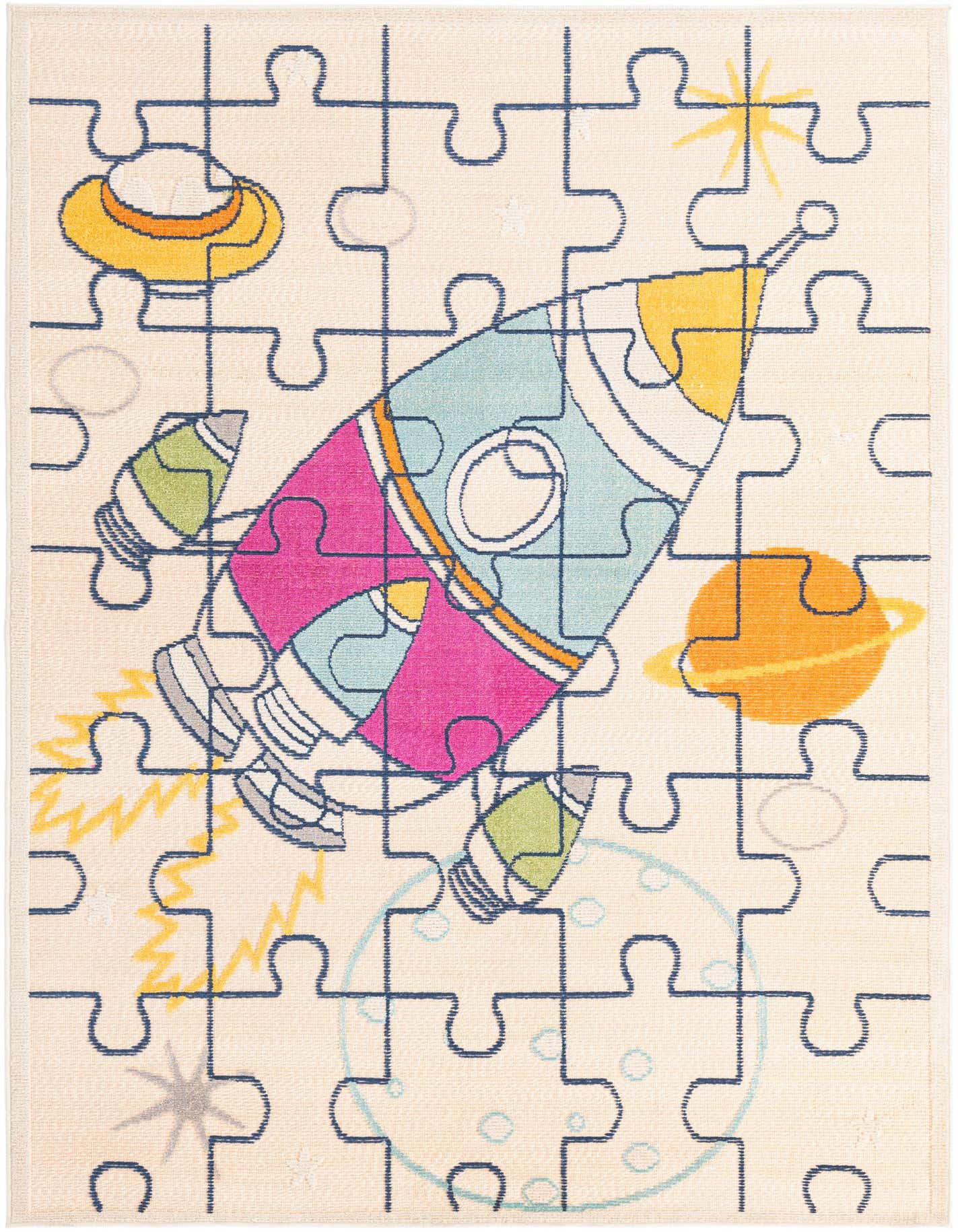 A 5x8 rectangular light cream rug with a modern, colorful rocket ship and planet puzzle pattern, suitable for indoor/outdoor use.