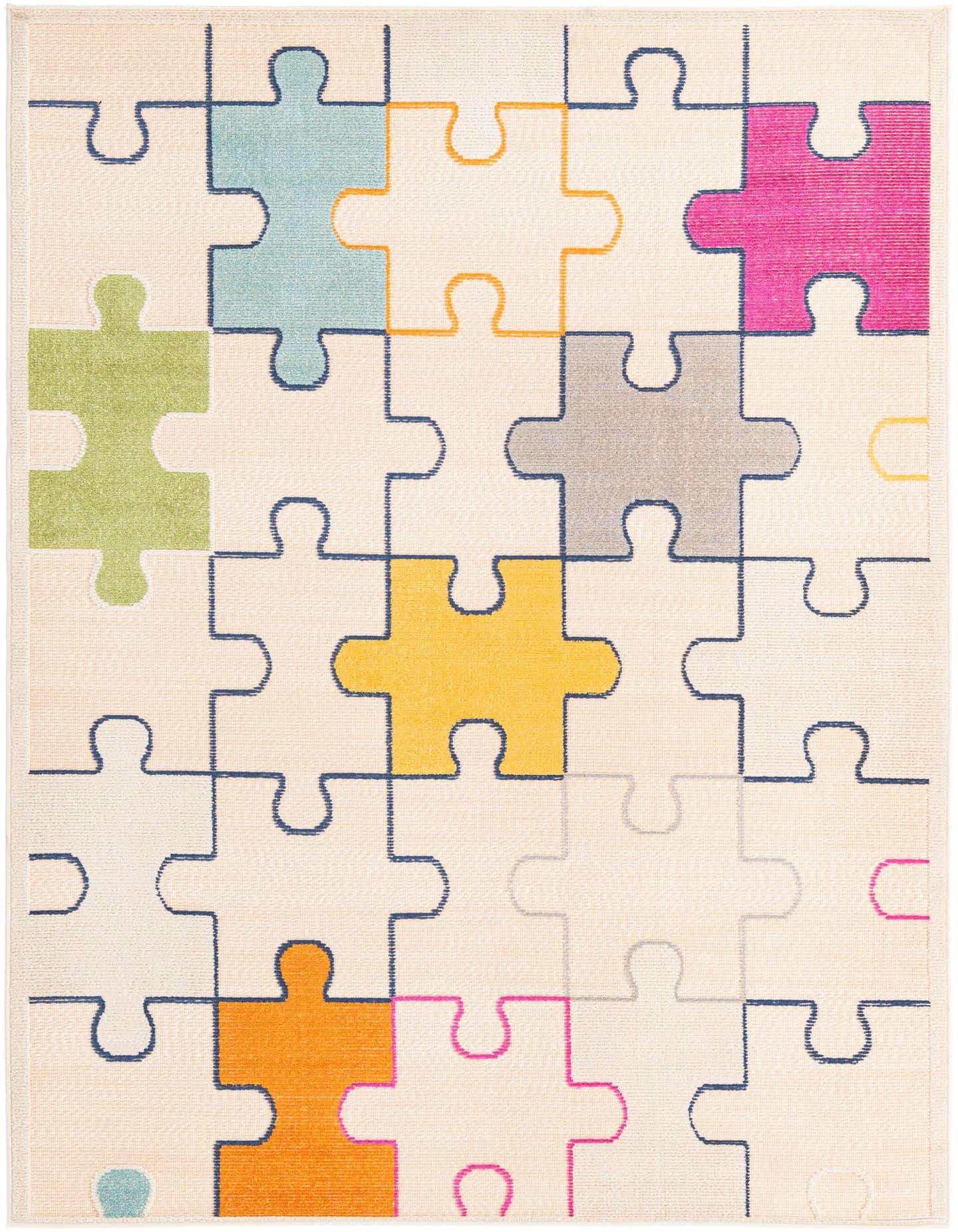 A 5x8 rectangular light cream modern rug with a colorful puzzle piece pattern, suitable for indoor or outdoor use.