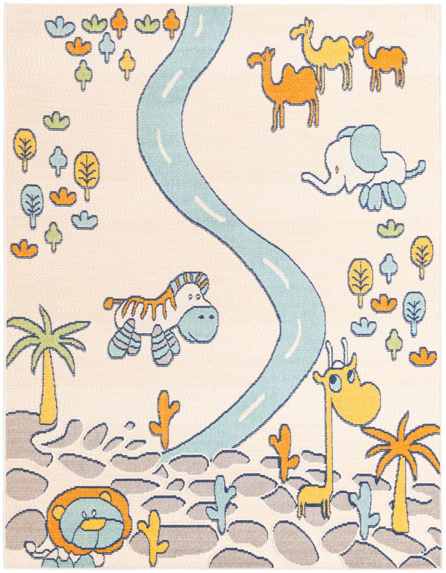 A 5x8 light cream rectangular rug with a playful modern safari pattern featuring a blue river, colorful trees, and cartoon animals like camels, an elephant, a zebra, a lion, and a giraffe.