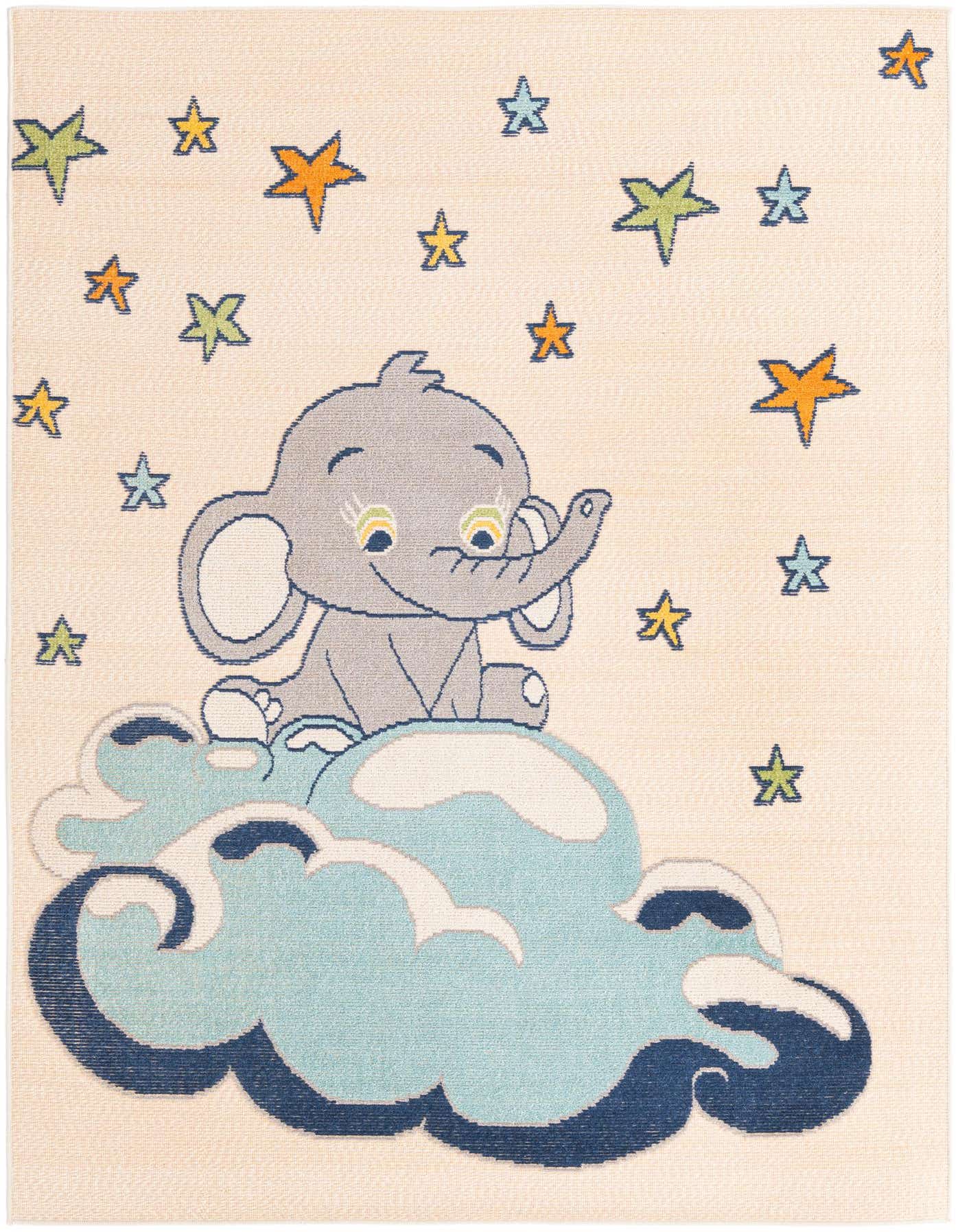 A light cream rectangular rug with a cute gray elephant sitting on a blue cloud, surrounded by colorful stars.
