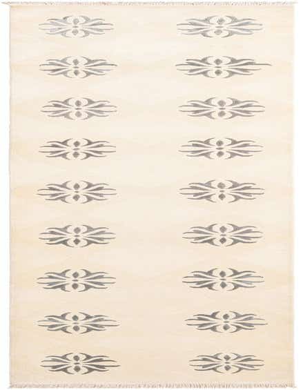 A light cream 13 ft runner rug with repeating gray floral medallions in diamond shapes, perfect for a hallway.