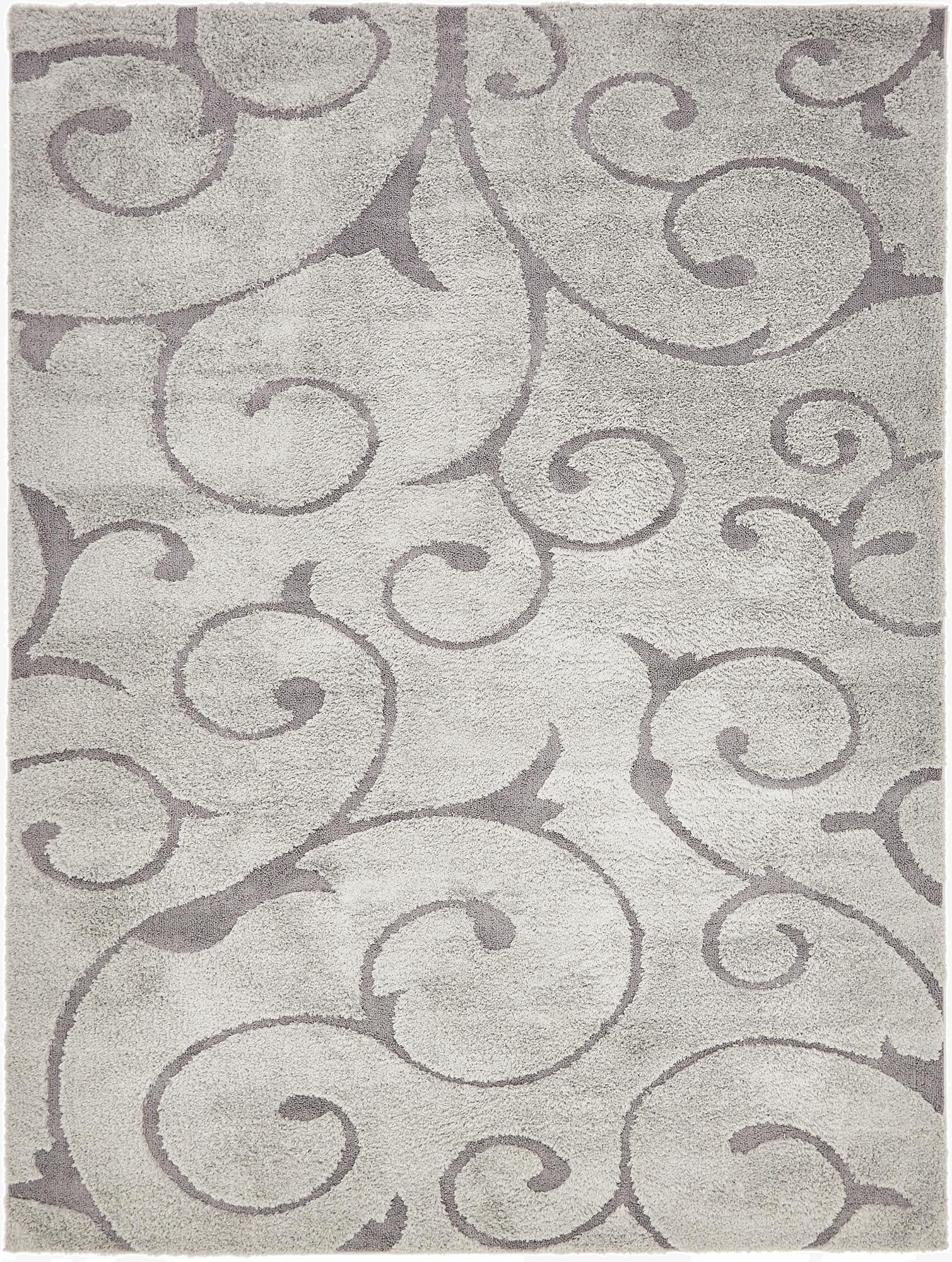 A 9x12 rectangular light gray rug with a textured gray transitional scroll pattern, ideal for a living room.