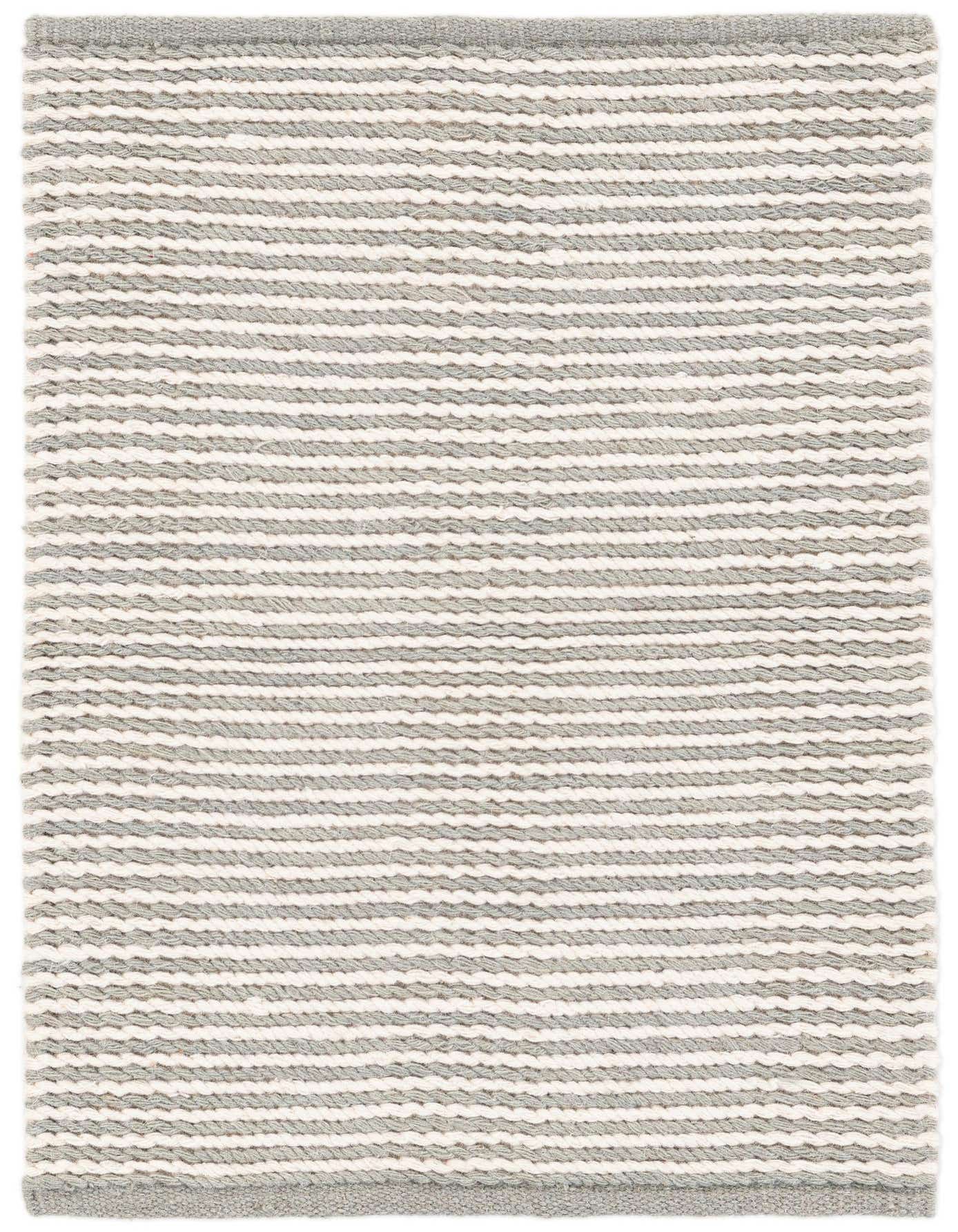 A 2x3 rectangular light gray and ivory modern rug with horizontal stripes, handmade from wool and cotton.