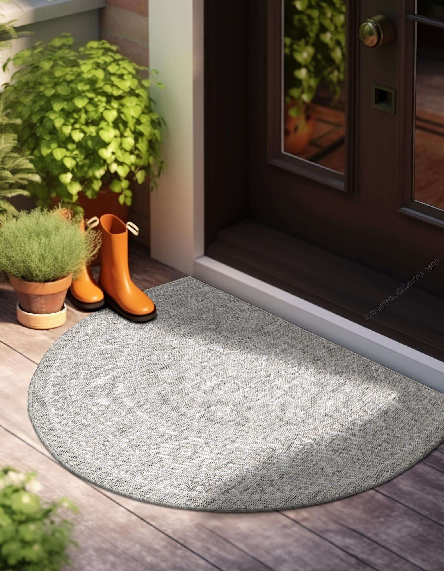 A gray and silver hearth-shaped outdoor rug with a detailed tribal geometric pattern, suitable for a patio.