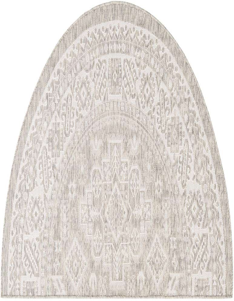 A 3'x6' gray and silver hearth rug with a Southwestern tribal pattern, suitable for indoor or outdoor use.