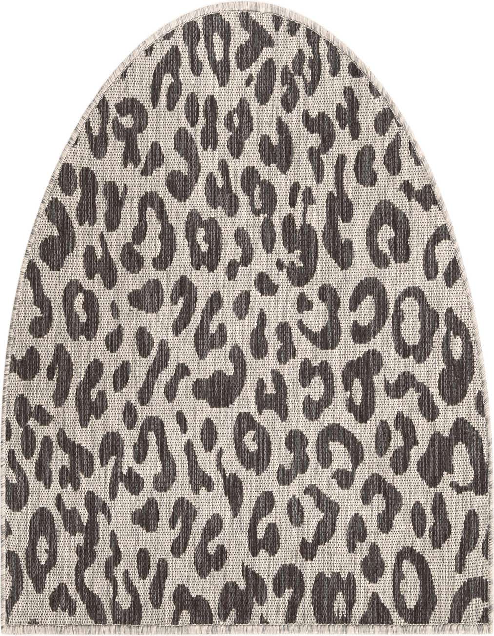 A 2' 7 x 4' 0 hearth-shaped rug featuring a modern gray and silver leopard print pattern, suitable for indoor or outdoor use.