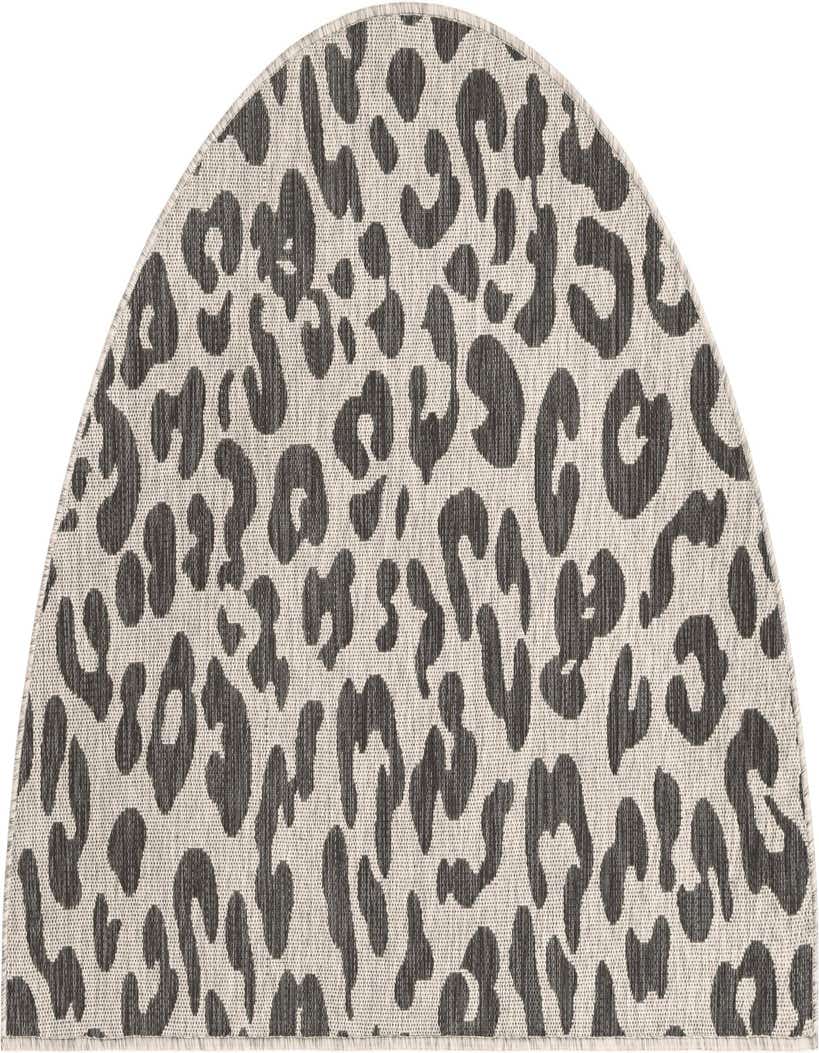 A 3'x6' hearth-shaped rug featuring a modern gray and silver leopard print pattern, suitable for indoor or outdoor use.