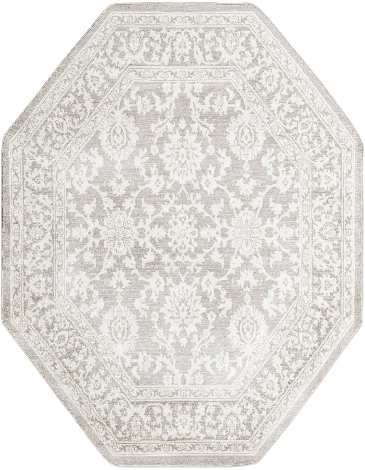 An octagon-shaped gray and silver traditional floral rug with a decorative border, perfect for an indoor living space.