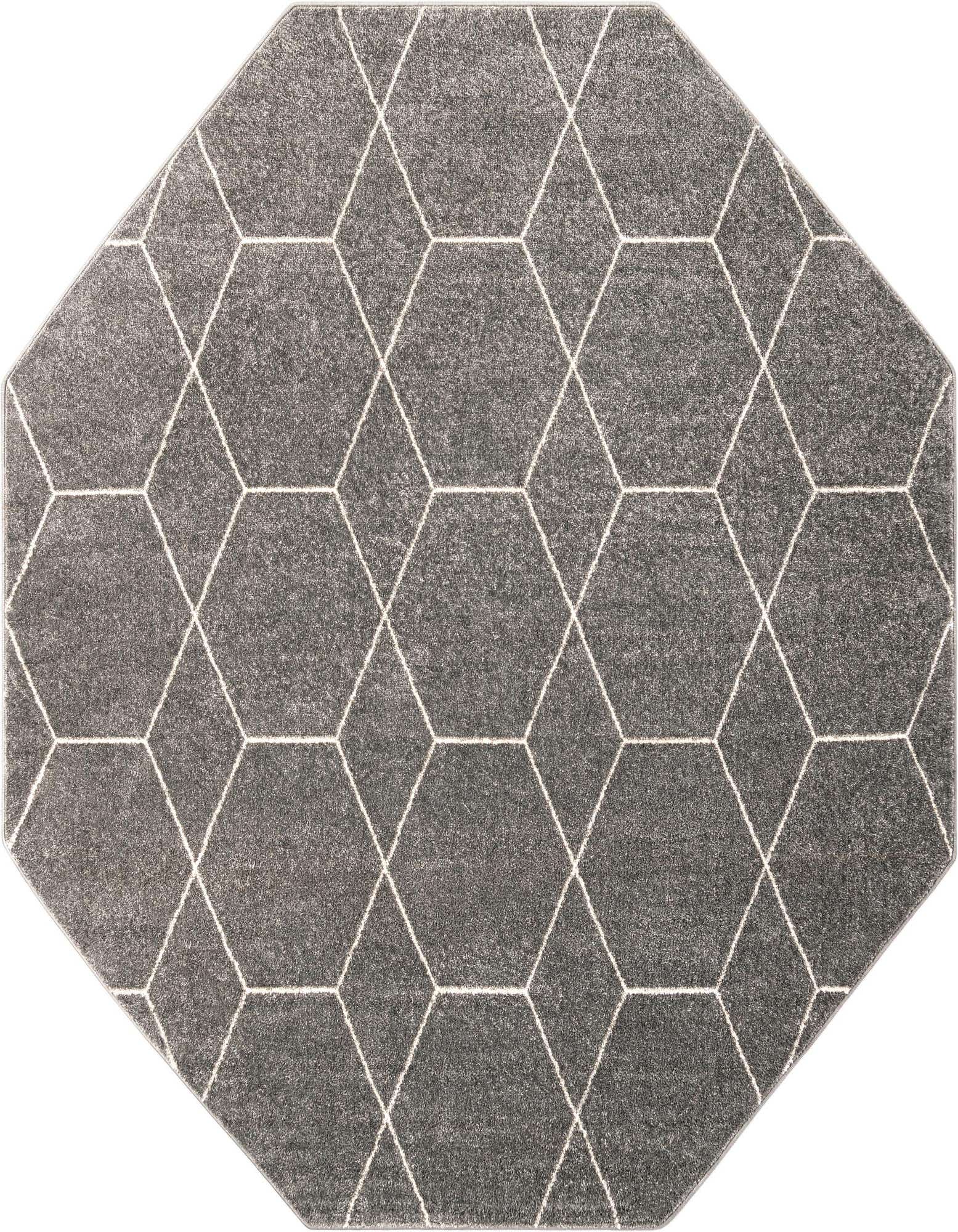 Octagon-shaped gray area rug with a modern white geometric trellis pattern, ideal for contemporary indoor spaces.