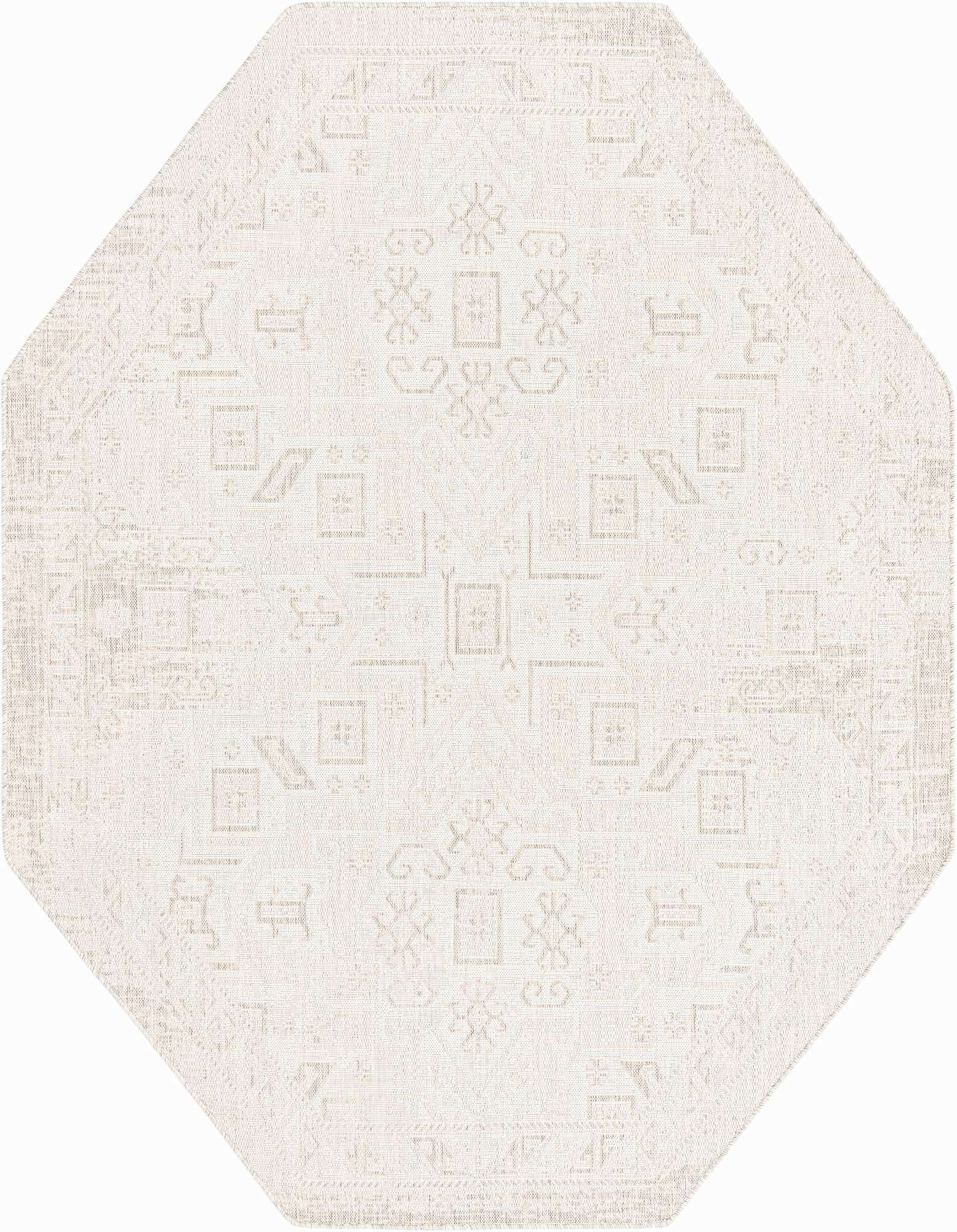 An octagon-shaped 7'10" x 7'10" gray Southwestern flatweave rug with a subtle tribal pattern, suitable for indoor or outdoor use.