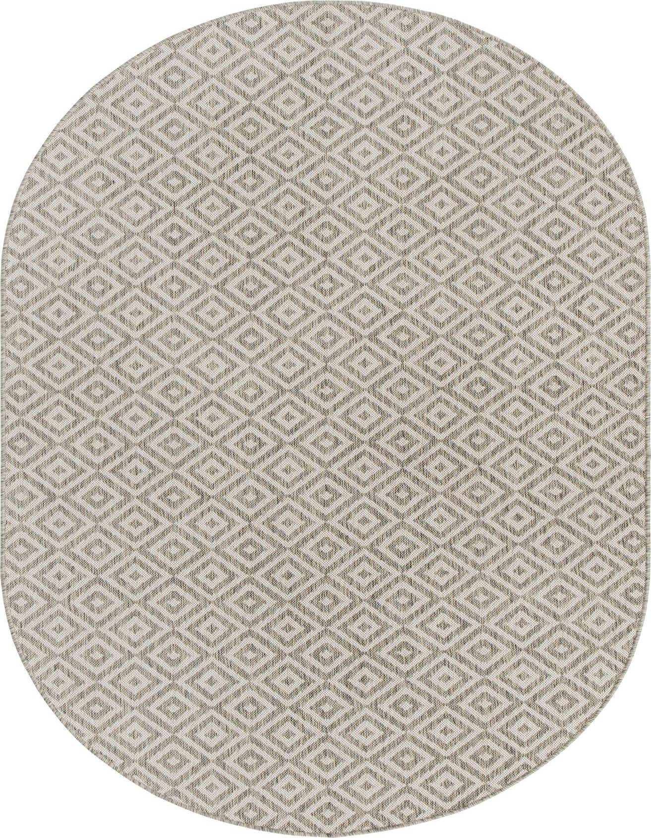 An oval 5'3" x 8'0" gray and silver Bohemian-style rug with a repeating trellis diamond pattern, suitable for indoor or outdoor use.