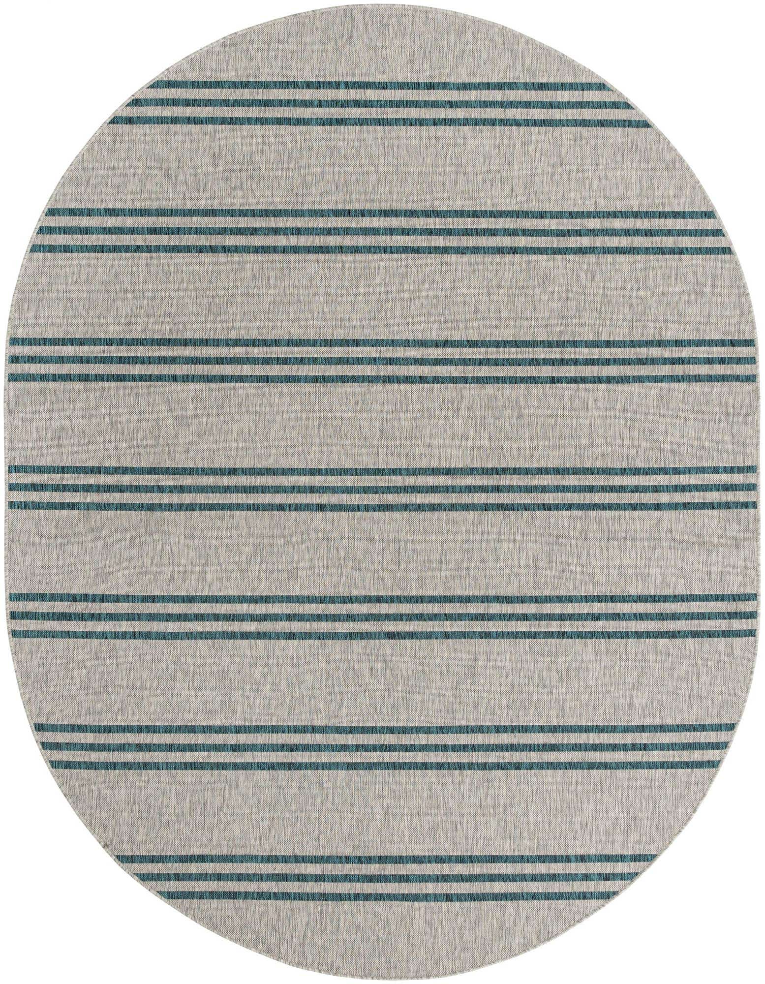 An oval 7'10" x 10'0" gray flatweave rug with thin horizontal teal stripes, suitable for indoor or outdoor use.