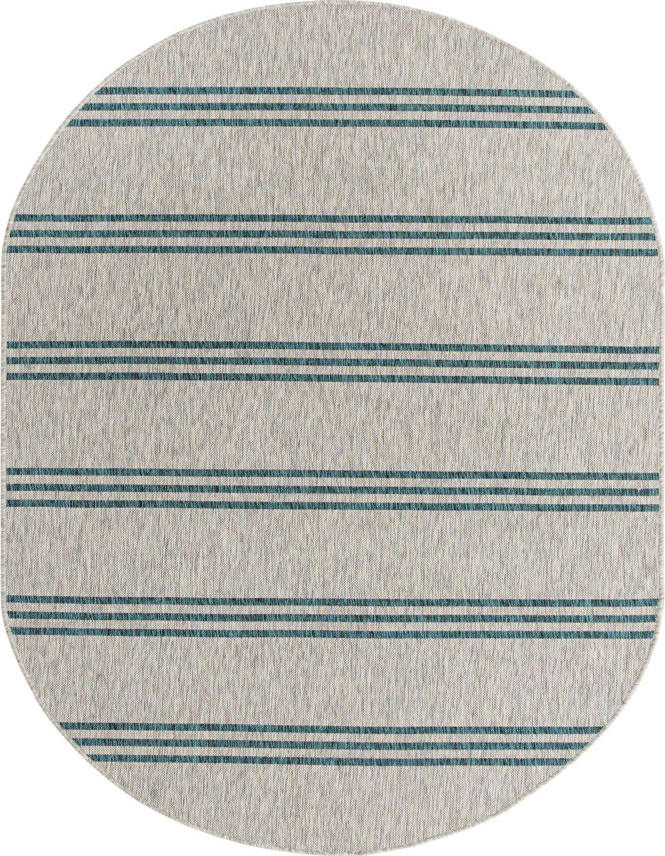 An oval 5'3" x 8'0" gray polypropylene rug with thin horizontal teal stripes, suitable for indoor or outdoor use.