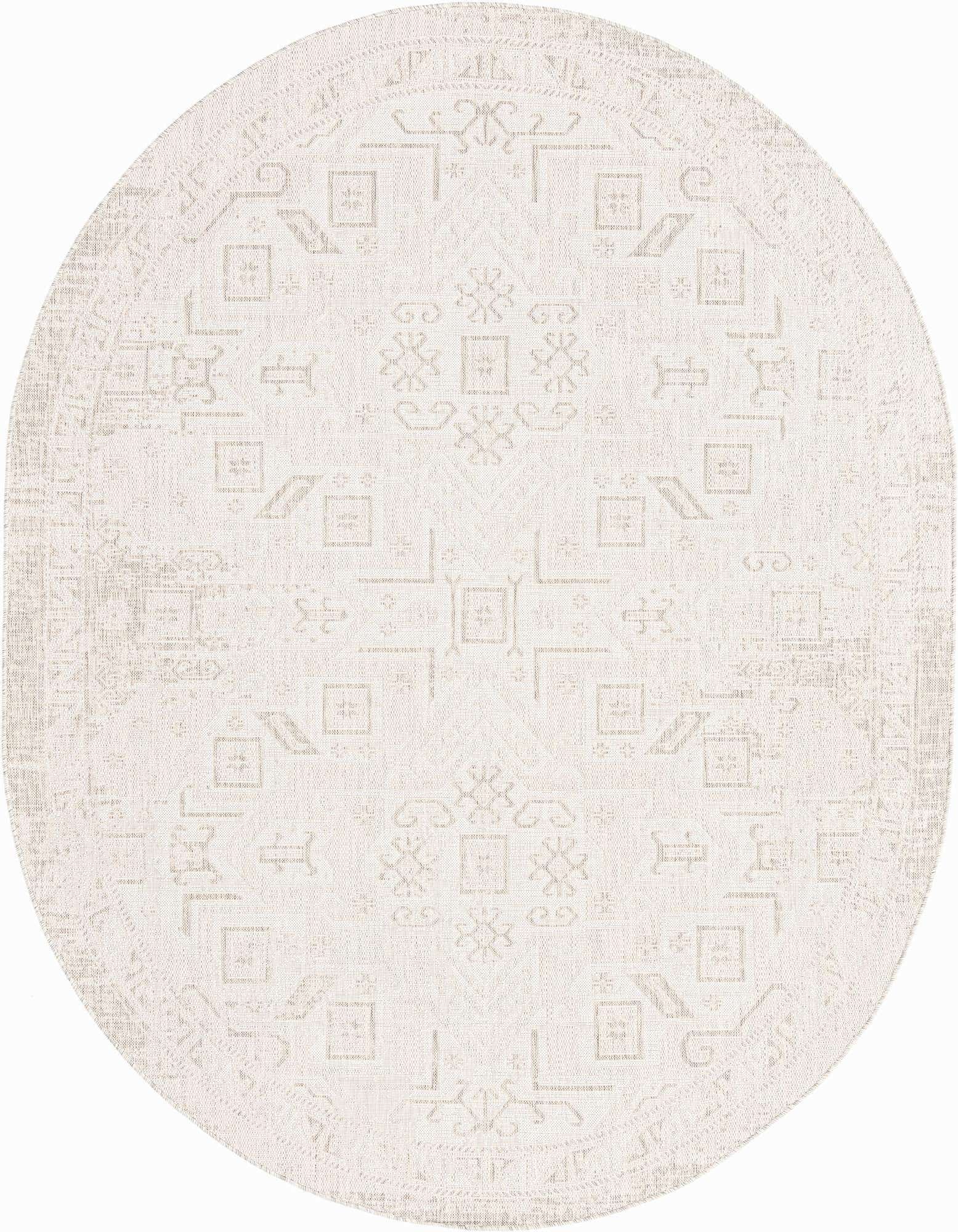 An oval 7' 10 x 10' 0 gray flatweave rug with a subtle Southwestern tribal pattern, suitable for indoor or outdoor use.