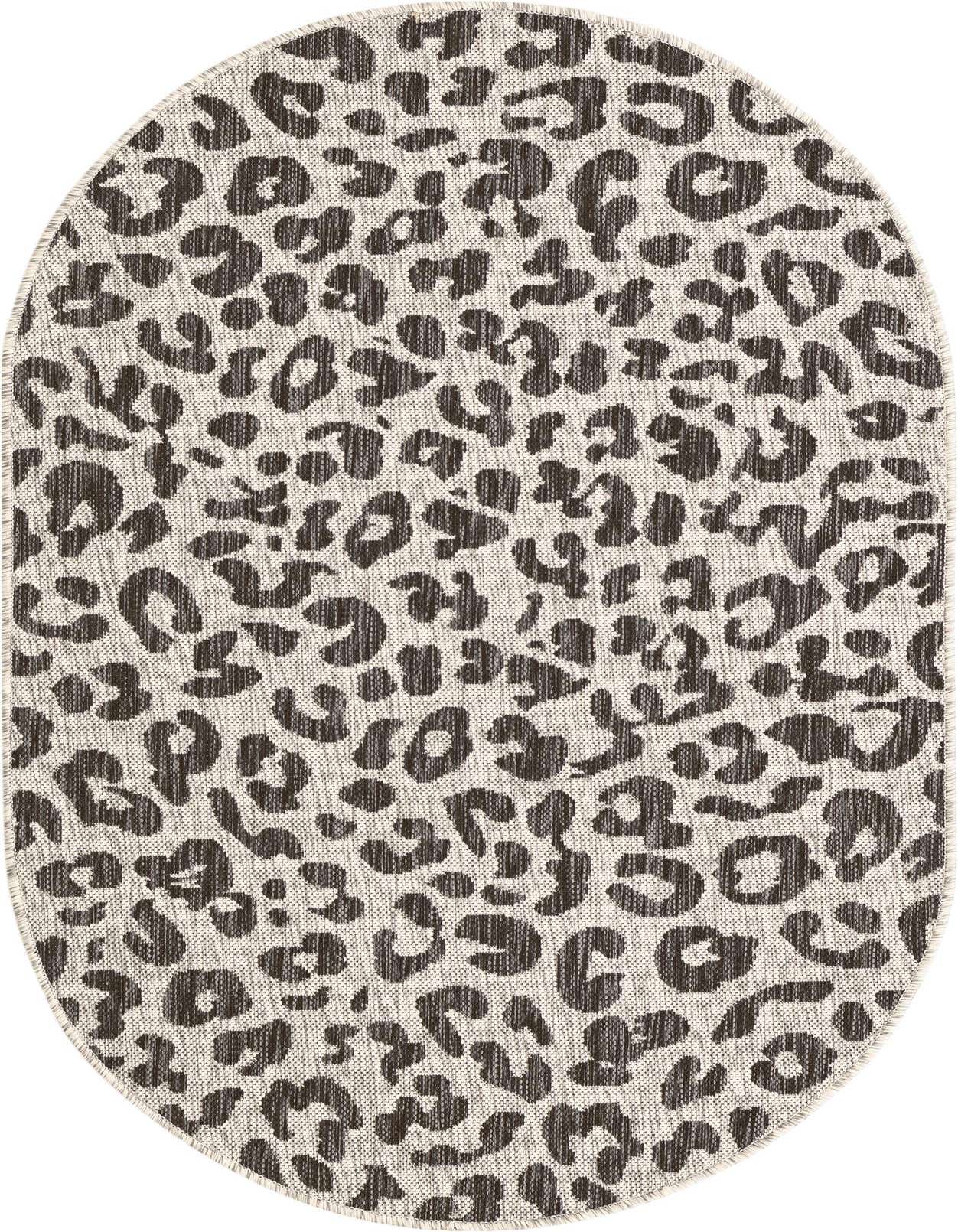 An oval 3' 0 x 5' 3 gray and silver leopard print rug with a flatweave texture, suitable for indoor or outdoor use.