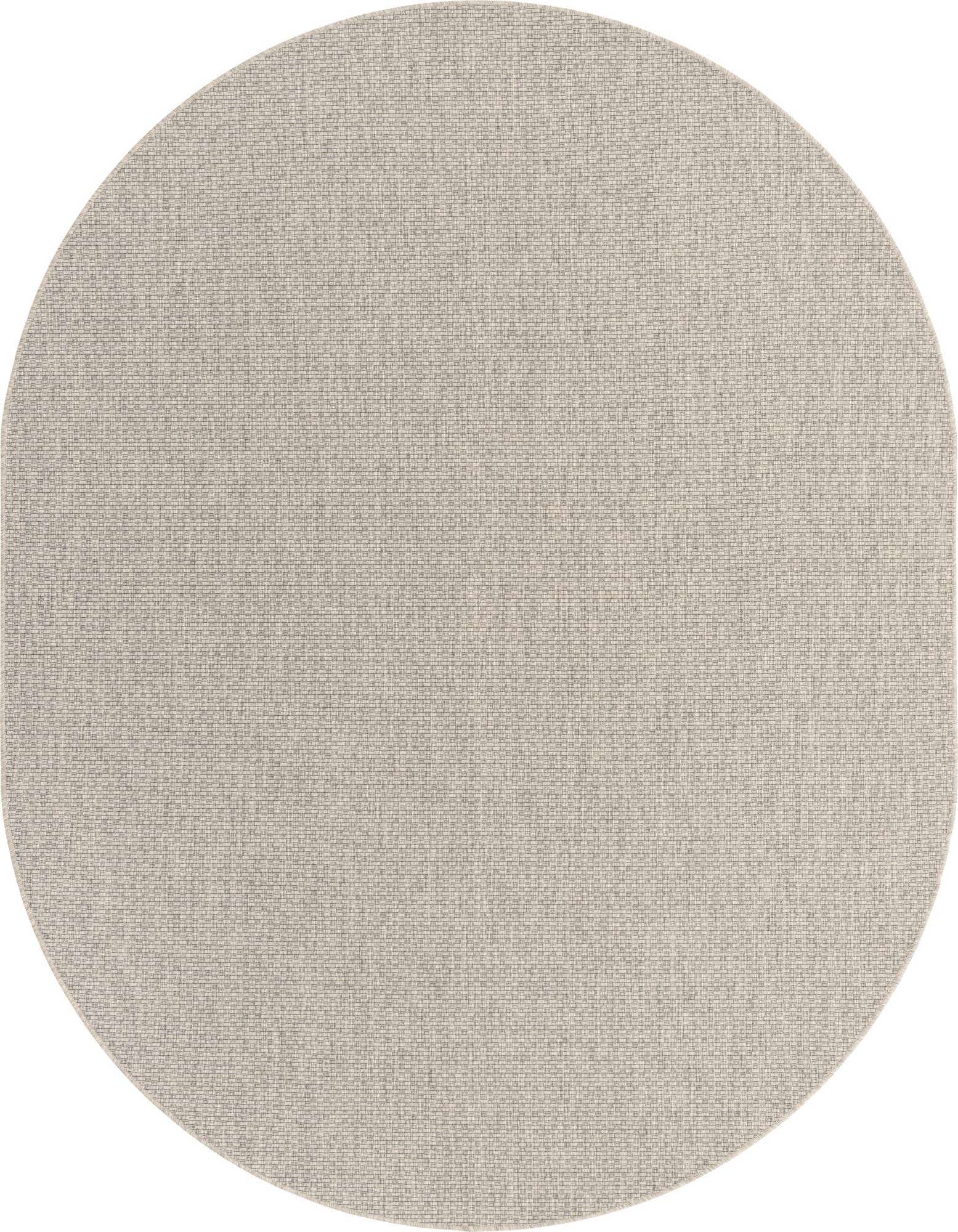 A large 7'10" x 10'0" oval gray flatweave rug with a subtle textured pattern, suitable for indoor or outdoor use.