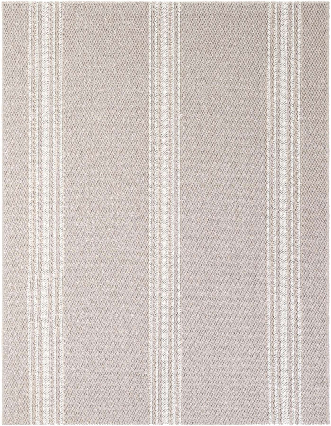 A 5x7 rectangular modern gray cotton rug with subtle vertical white stripes, suitable for indoor spaces.